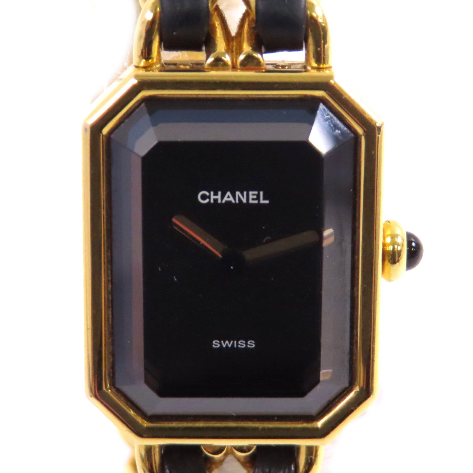 CHANEL Premiere L Watch/不鏽鋼/鍍金/皮帶金扣石英機芯手錶黑色/金色