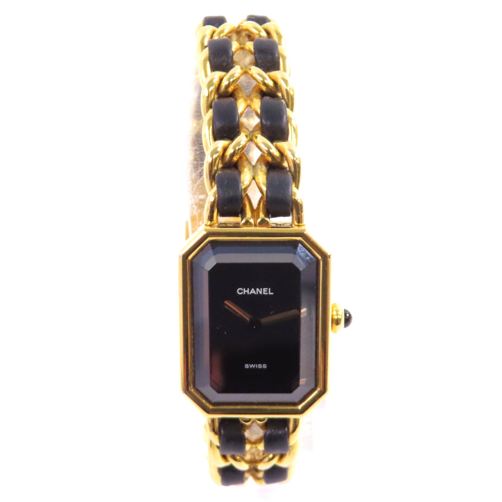 CHANEL Premiere L Watch/不鏽鋼/鍍金/皮帶金扣石英機芯手錶黑色/金色