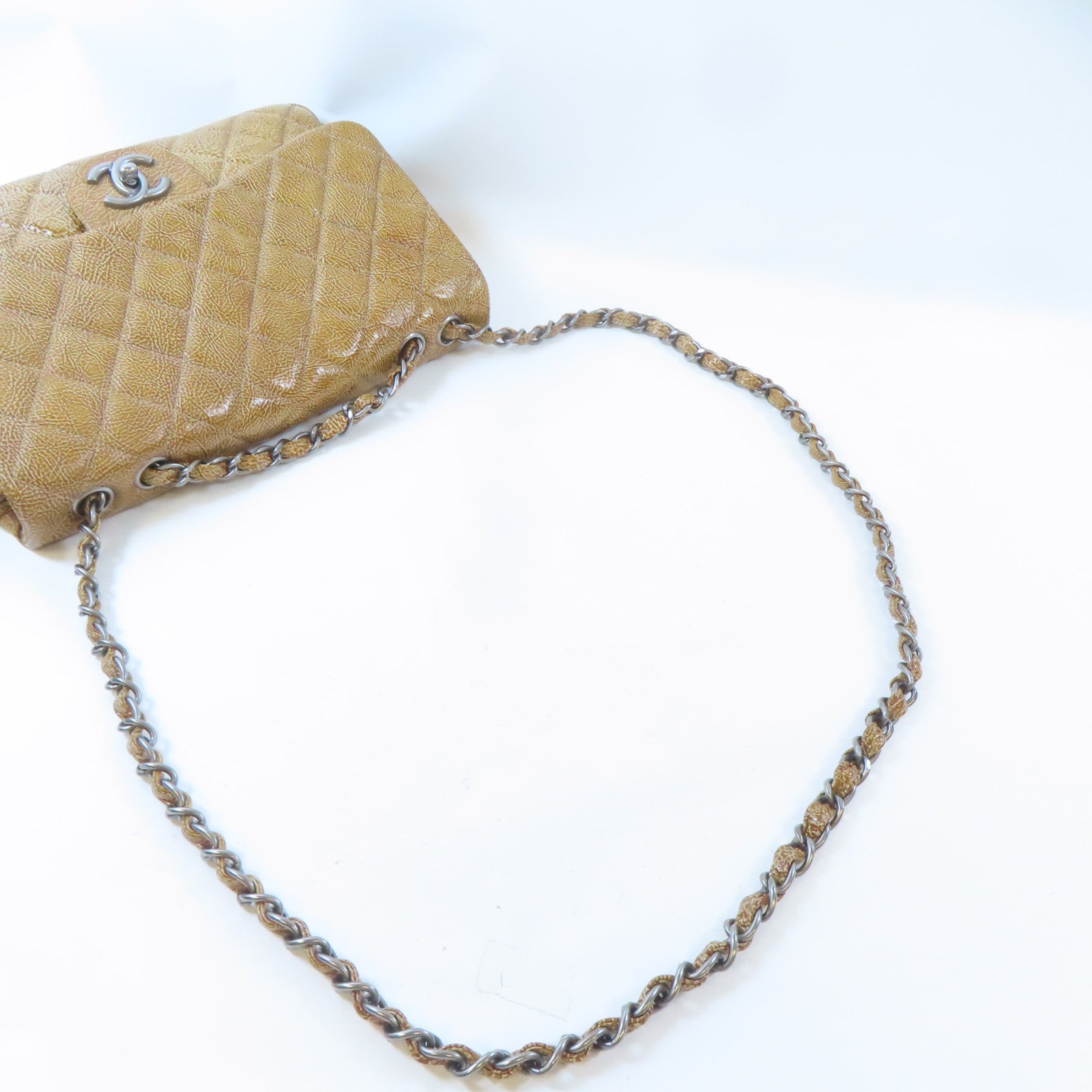 CHANEL 菱格漆皮皮革Chain Shoulder銀扣鏈帶肩背袋啡色