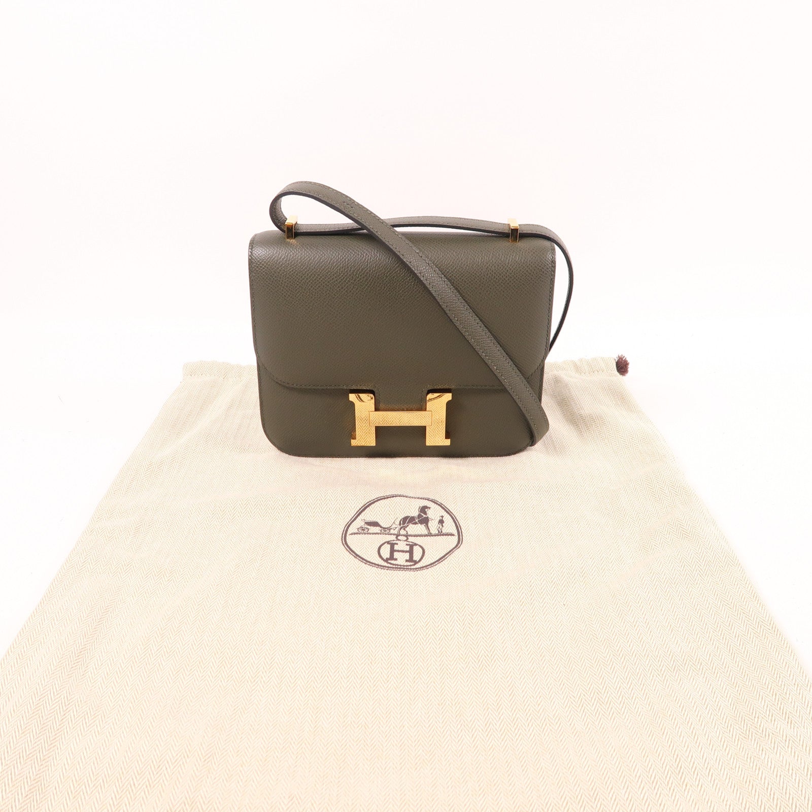 HERMES Epsom皮革Mini Constance金扣肩背袋Vert De Gris