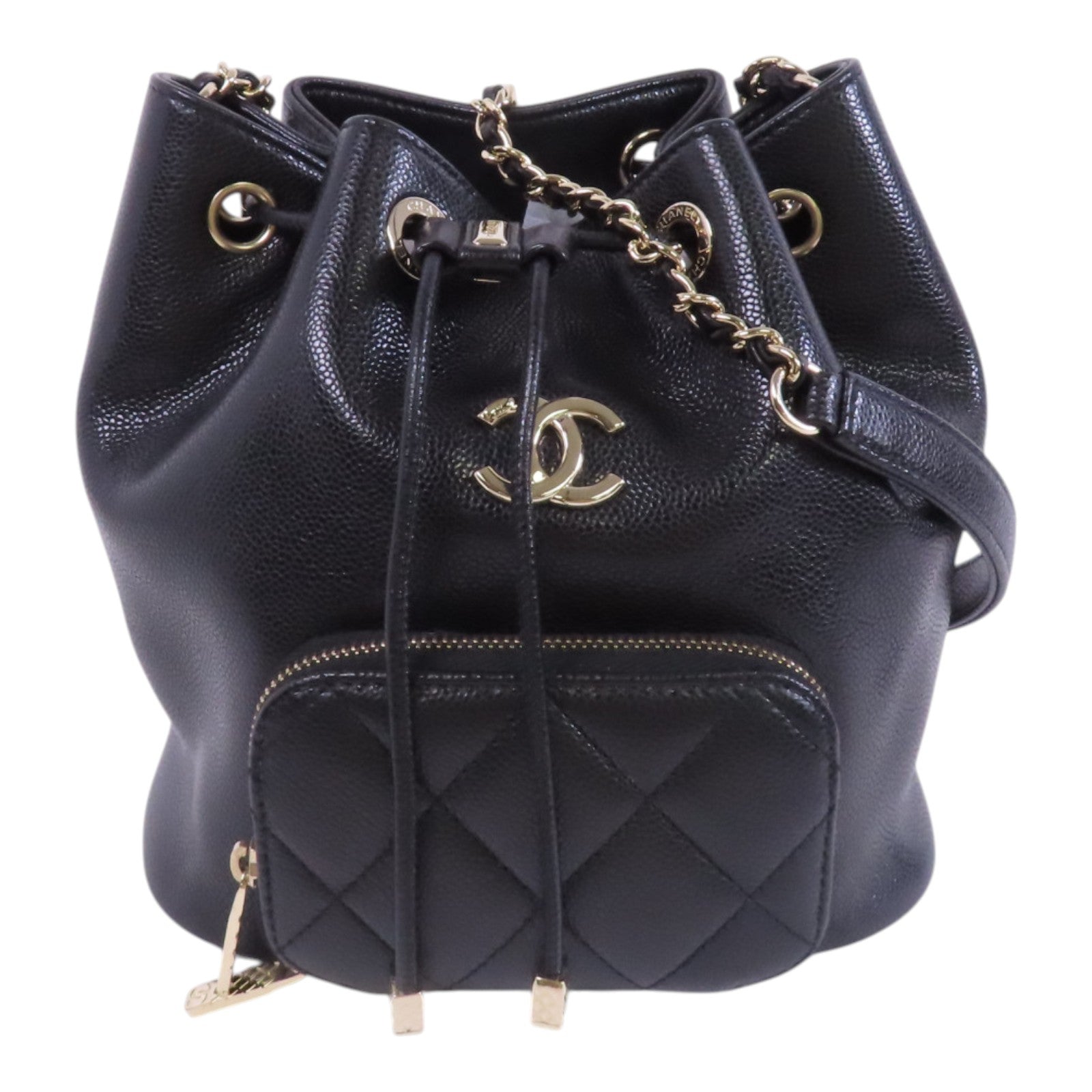 CHANEL 牛皮皮革Bucket金扣鏈帶肩背袋