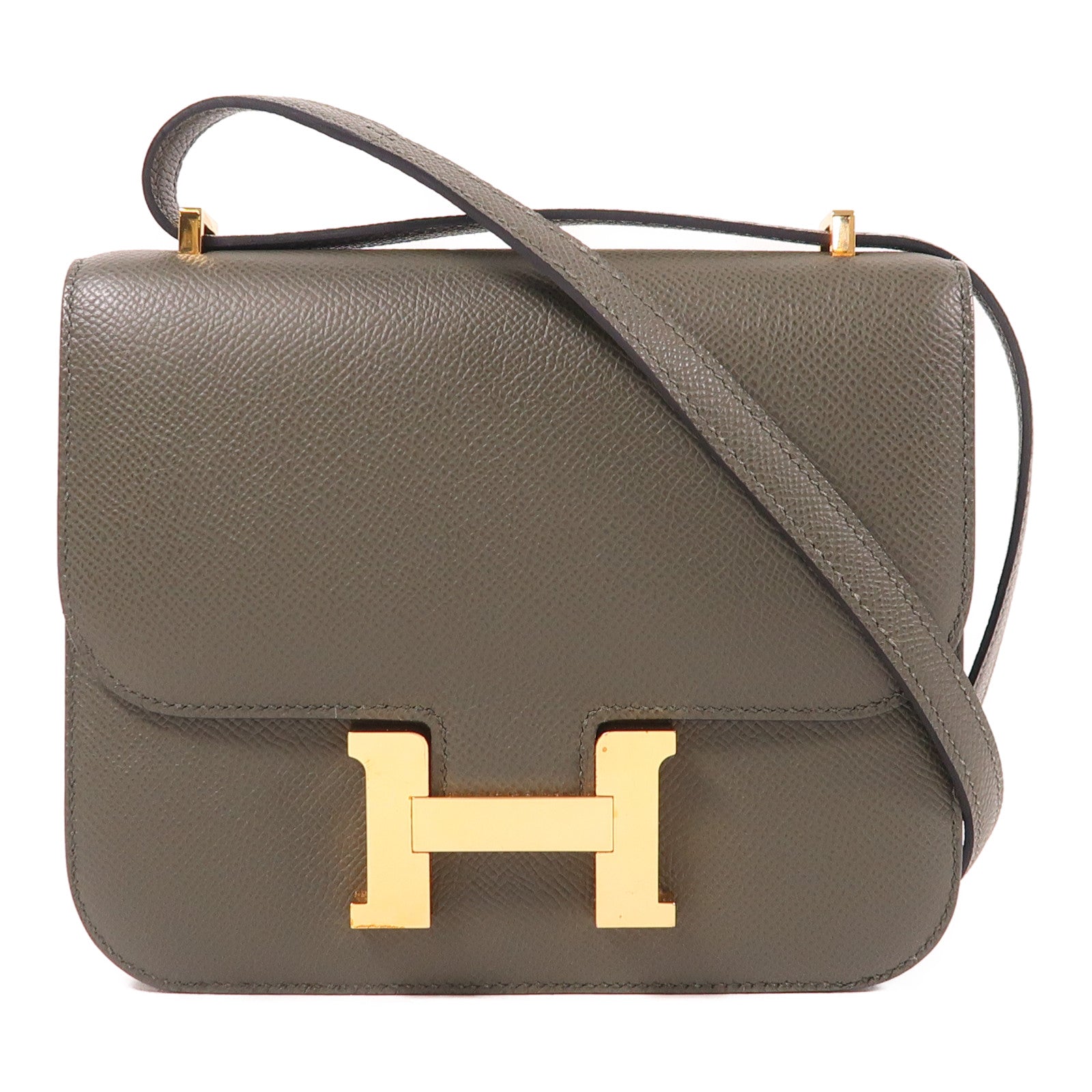 HERMES Epsom皮革Mini Constance金扣肩背袋Vert De Gris