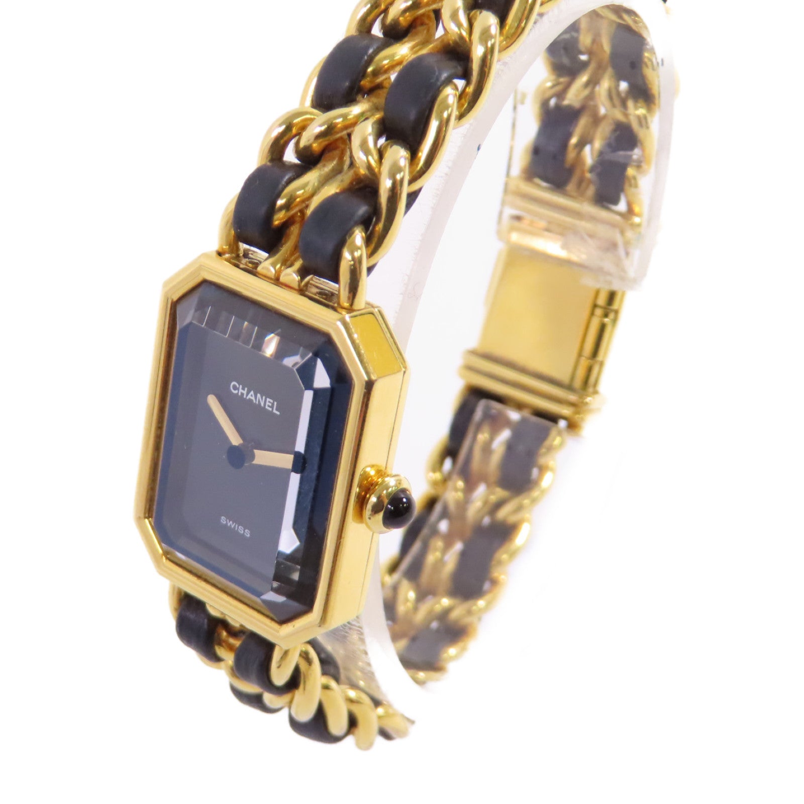 CHANEL Premiere L Watch/不鏽鋼/鍍金/皮帶金扣石英機芯手錶黑色/金色