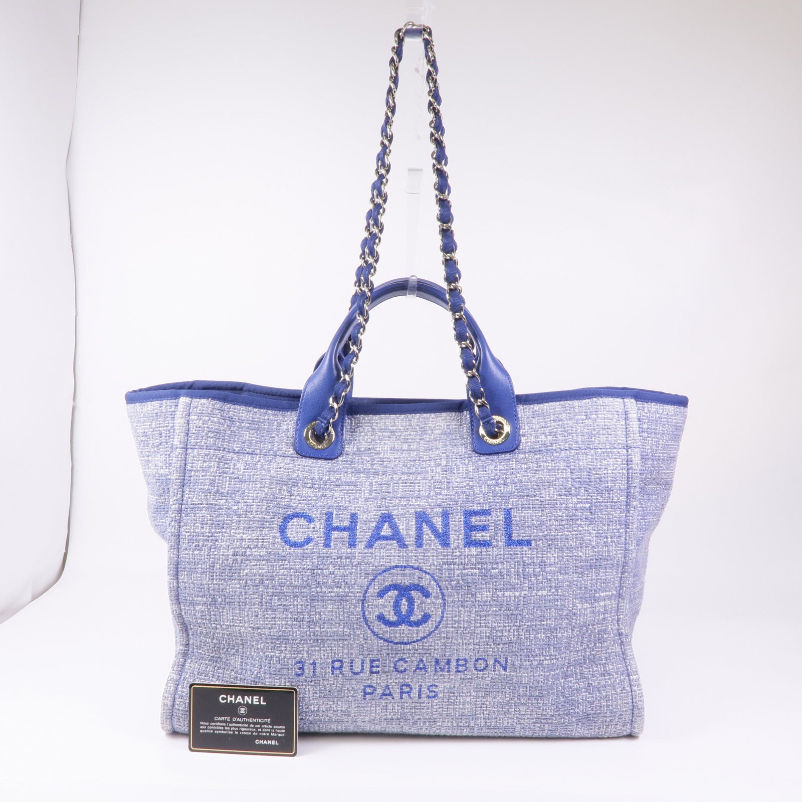 CHANEL 帆布Deauville Tote銀扣肩背袋