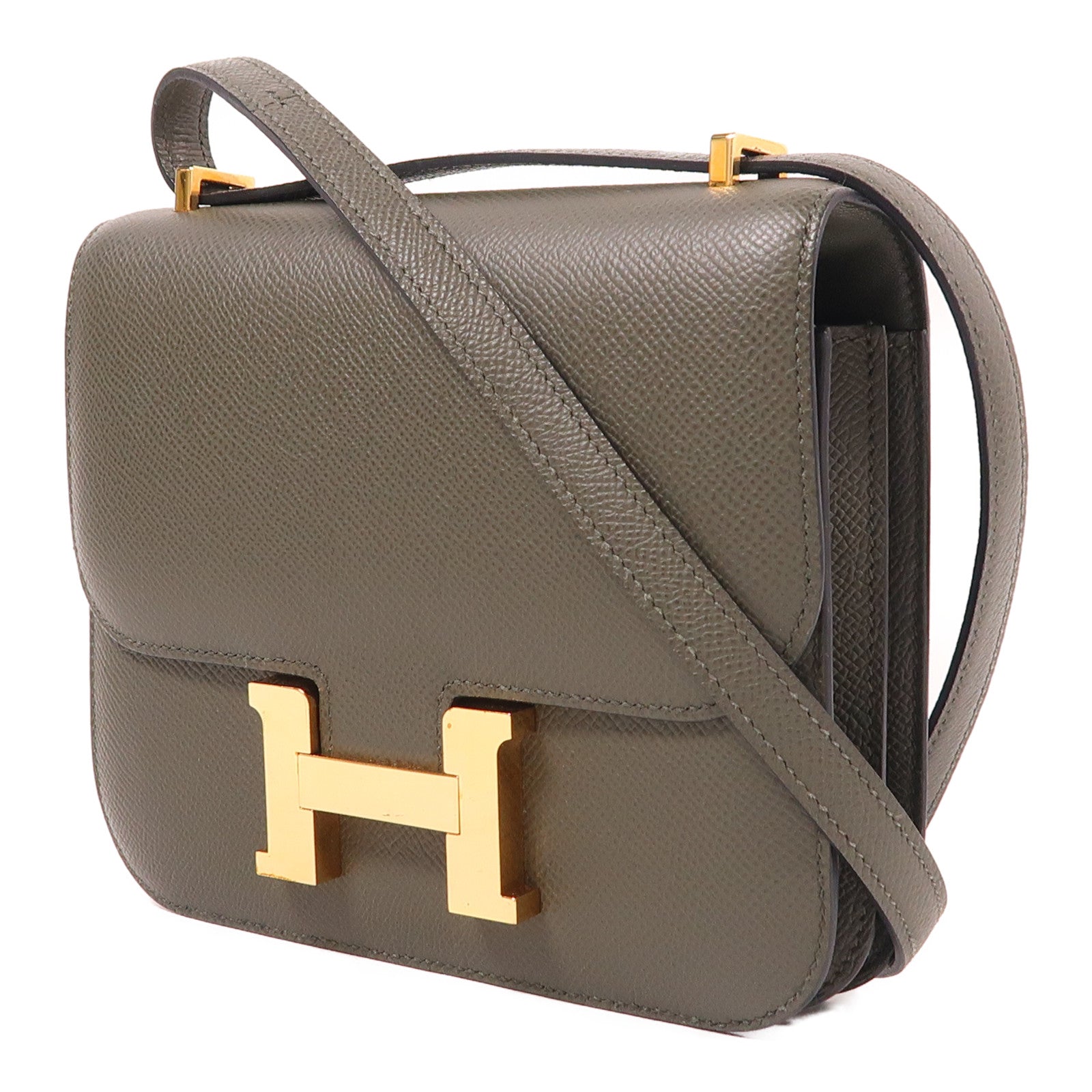 HERMES Epsom皮革Mini Constance金扣肩背袋Vert De Gris