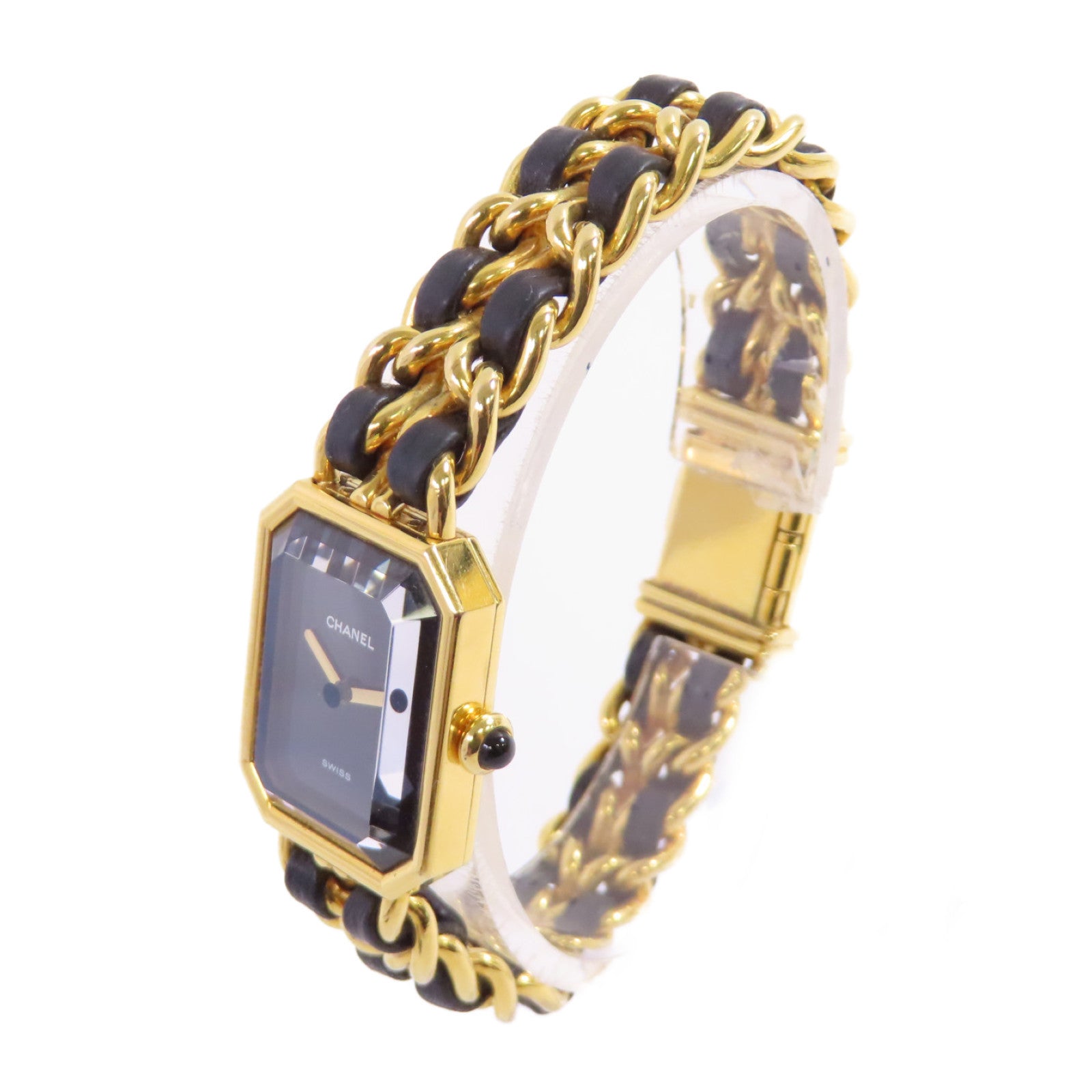 CHANEL Premiere L Watch/不鏽鋼/鍍金/皮帶金扣石英機芯手錶黑色/金色