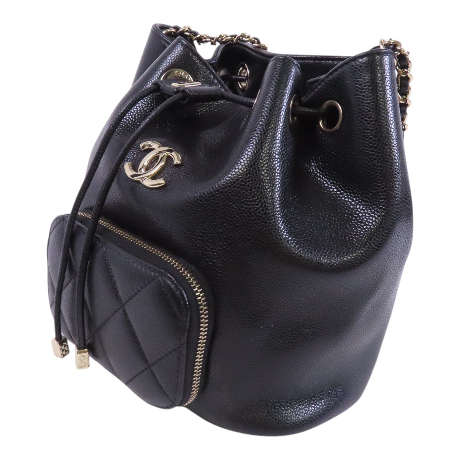 CHANEL 牛皮皮革Bucket金扣鏈帶肩背袋