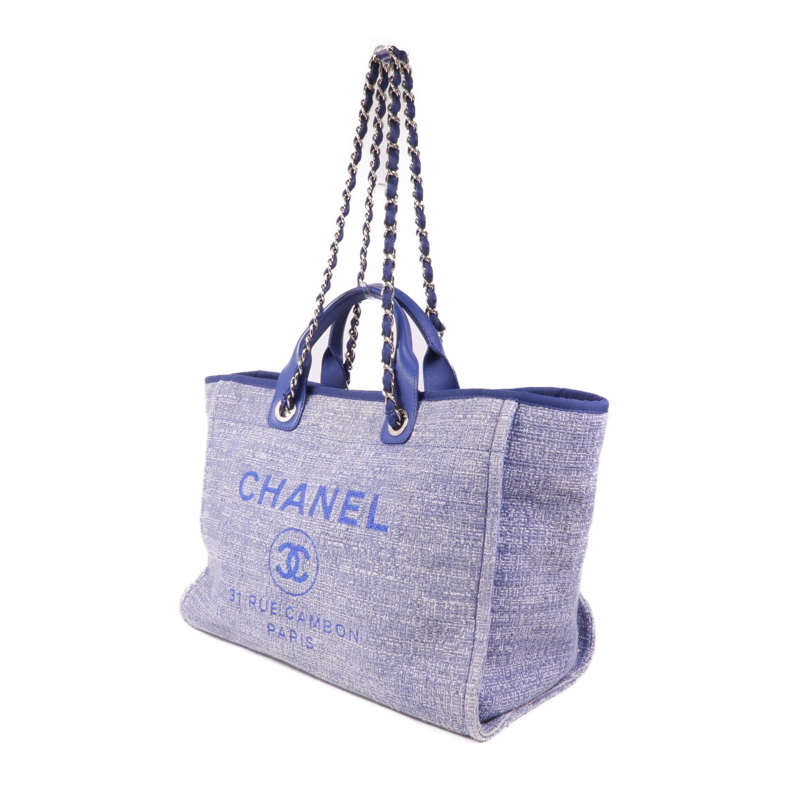 CHANEL 帆布Deauville Tote銀扣肩背袋