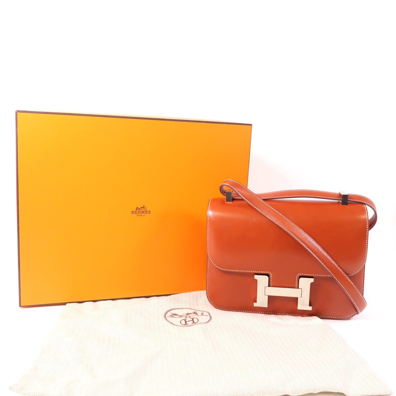 HERMES Box Calf皮革Constance 24銀扣肩背袋Brique
