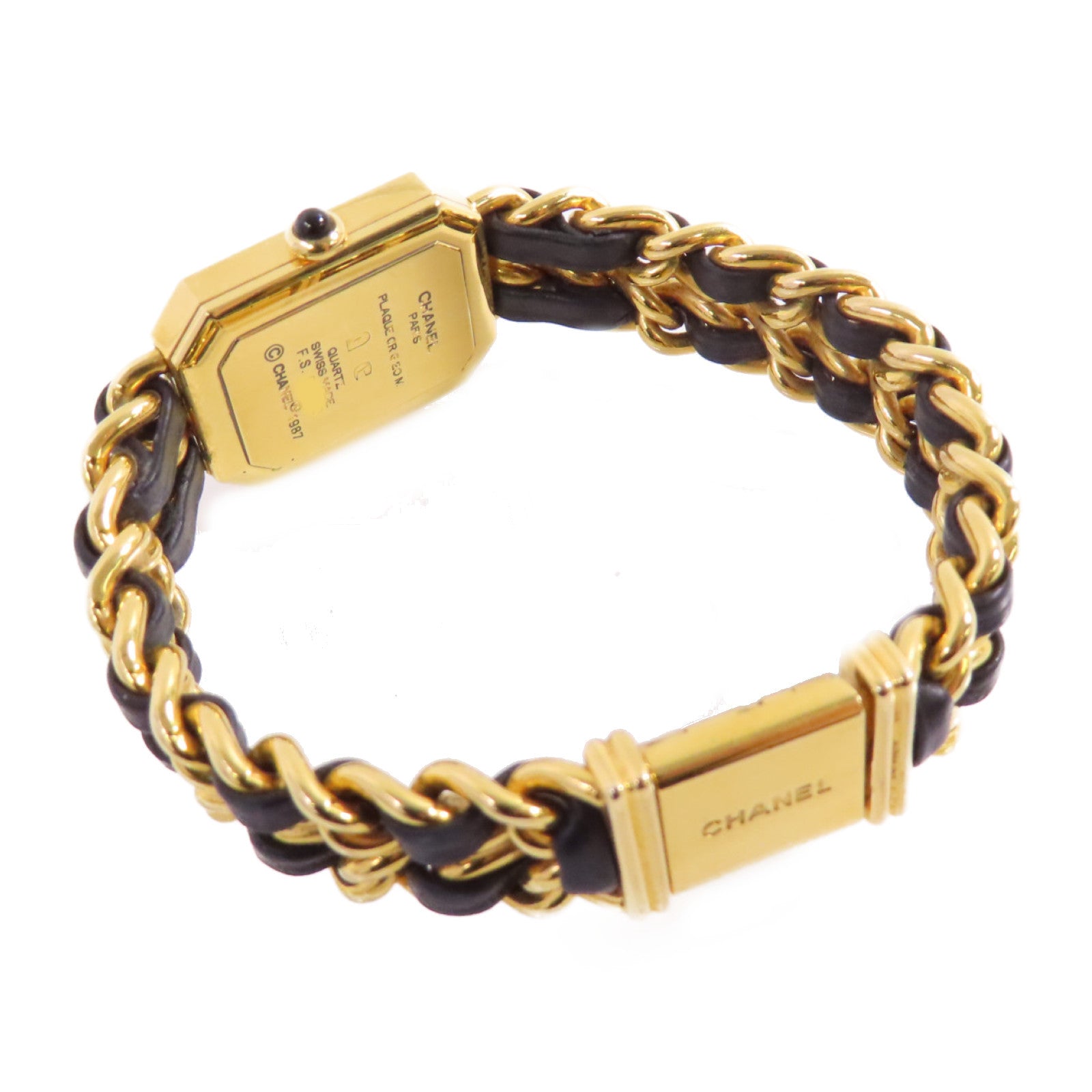 CHANEL Premiere L Watch/不鏽鋼/鍍金/皮帶金扣石英機芯手錶黑色/金色