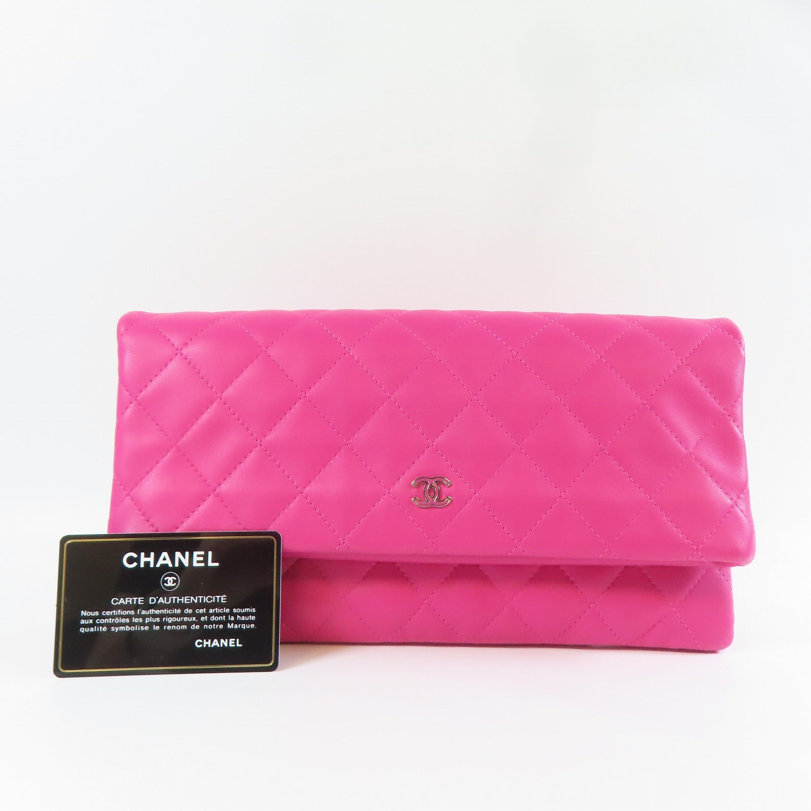 CHANEL 【激減優惠】菱格羊皮皮革Clutch Bag銀扣手拿包桃紅色