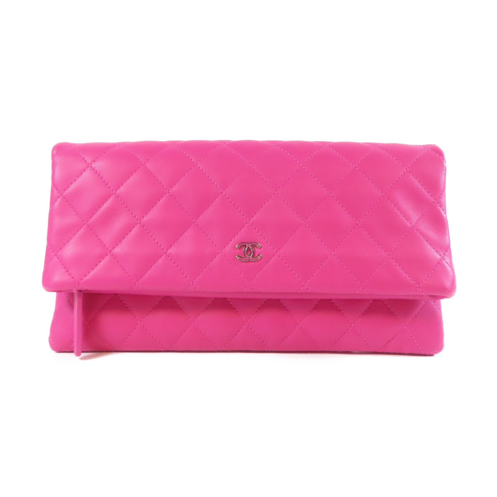 CHANEL 【激減優惠】菱格羊皮皮革Clutch Bag銀扣手拿包桃紅色