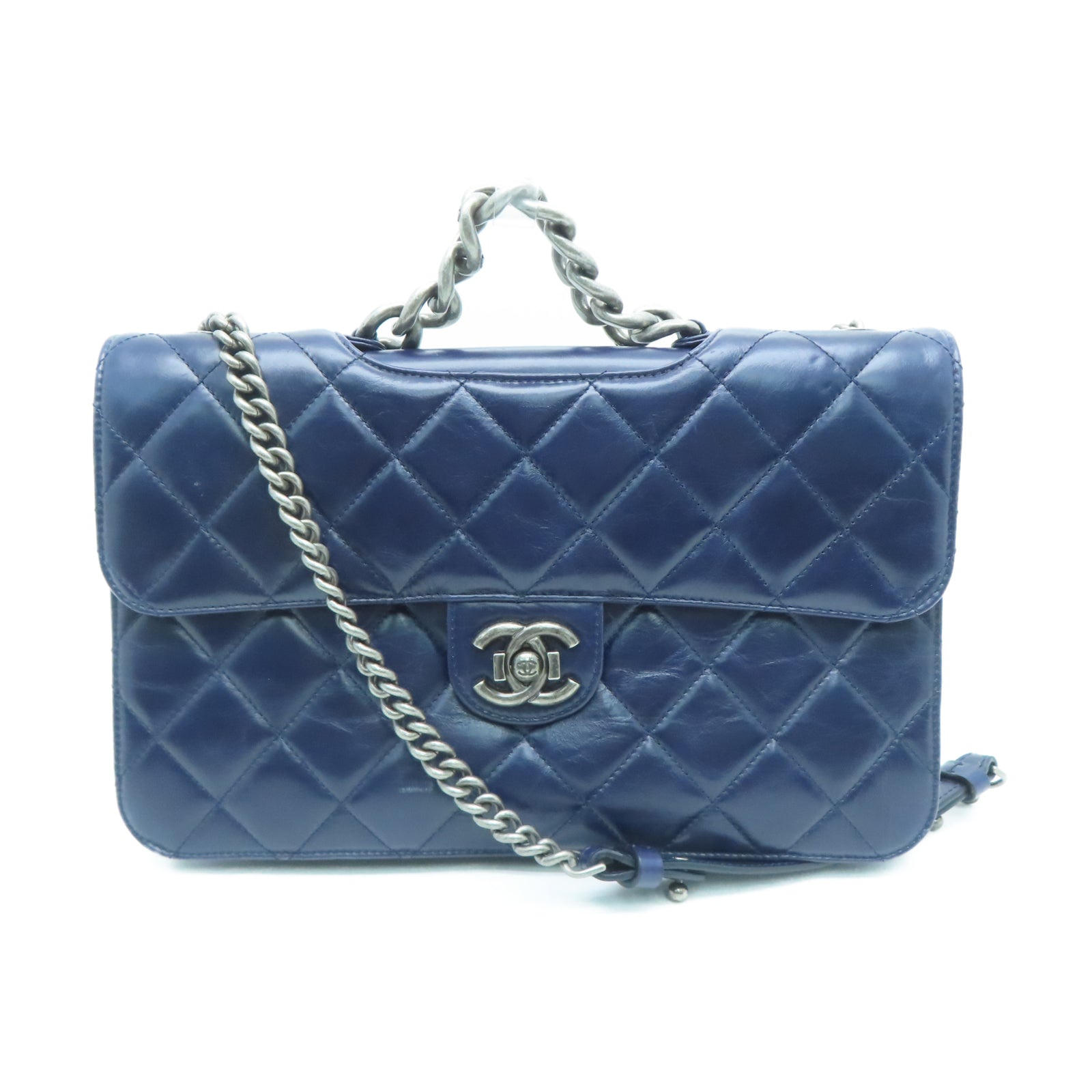 CHANEL 【激減優惠】菱格牛皮皮革Chain Shoulder金扣鏈帶肩背袋藍色