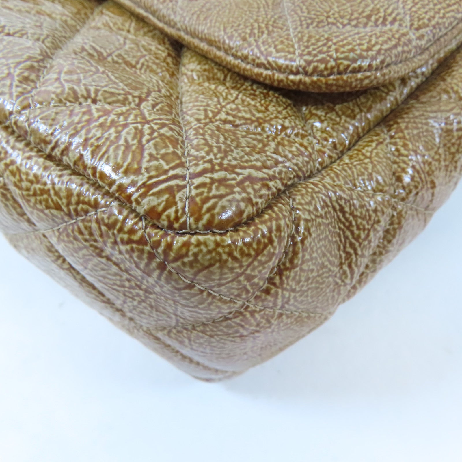 CHANEL 菱格漆皮皮革Chain Shoulder銀扣鏈帶肩背袋啡色