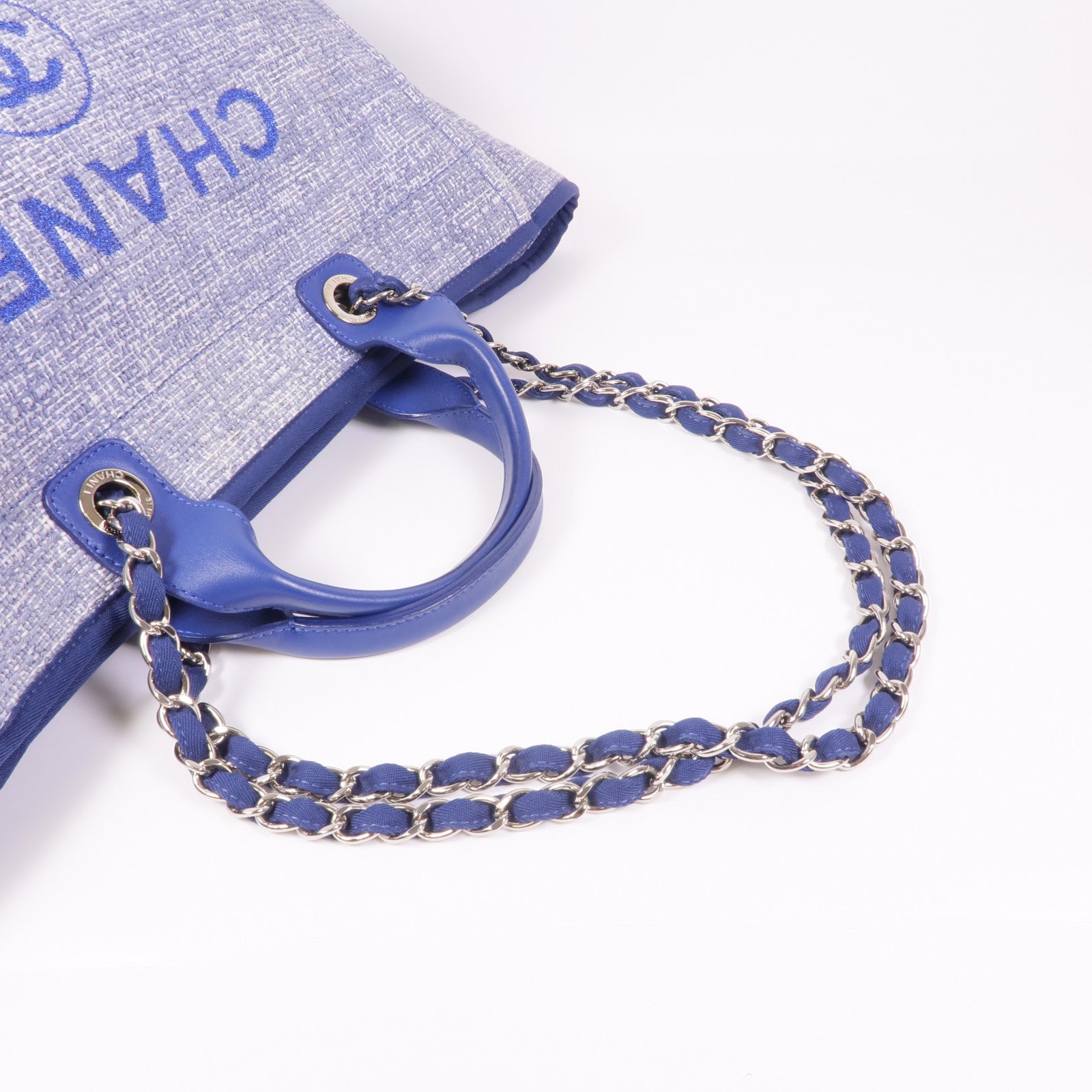 CHANEL 帆布Deauville Tote銀扣肩背袋