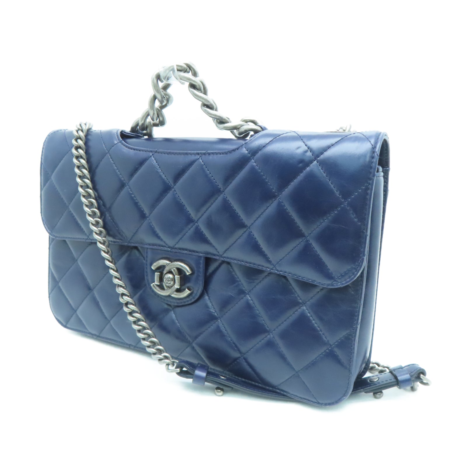 CHANEL 【激減優惠】菱格牛皮皮革Chain Shoulder金扣鏈帶肩背袋藍色