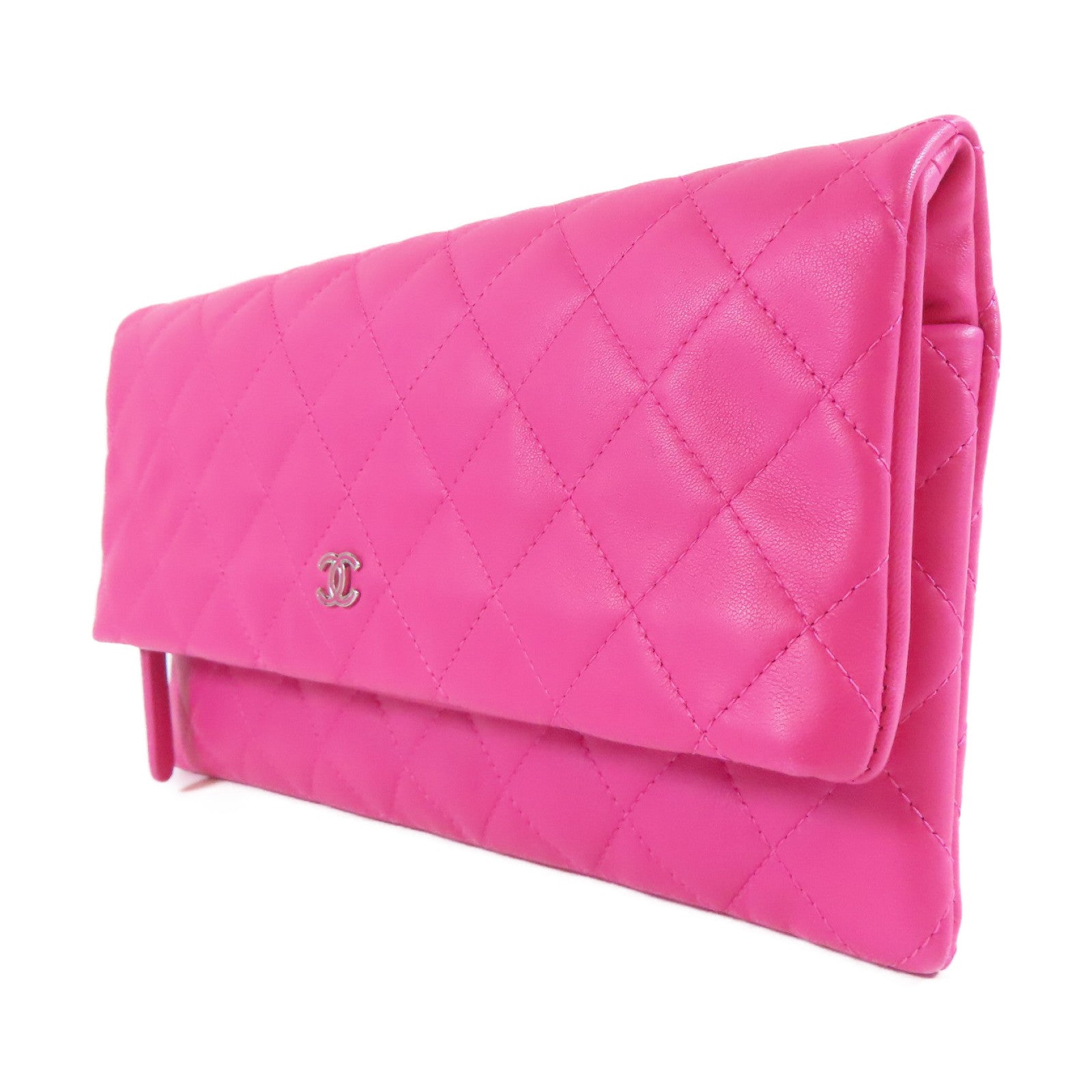 CHANEL 【激減優惠】菱格羊皮皮革Clutch Bag銀扣手拿包桃紅色