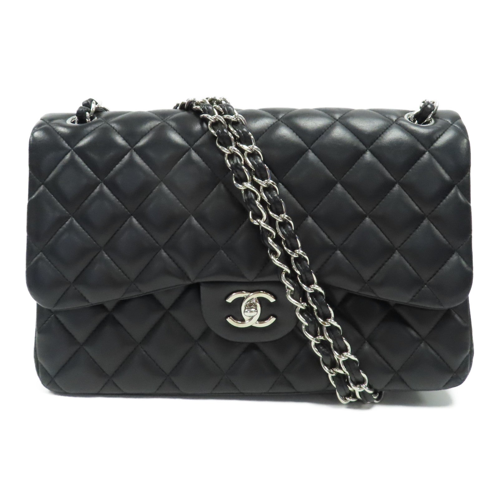 CHANEL 【激減優惠】菱格羊皮皮革Classic Jumbo銀扣鏈帶肩背袋黑色