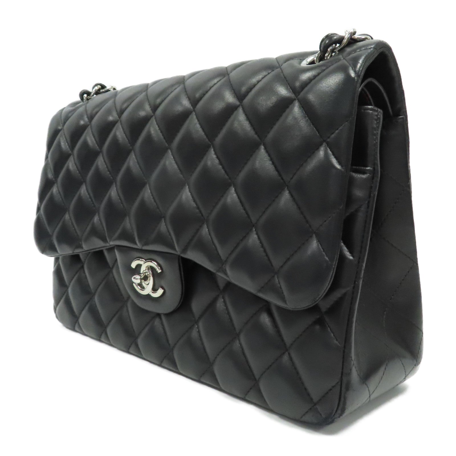 CHANEL 【激減優惠】菱格羊皮皮革Classic Jumbo銀扣鏈帶肩背袋黑色