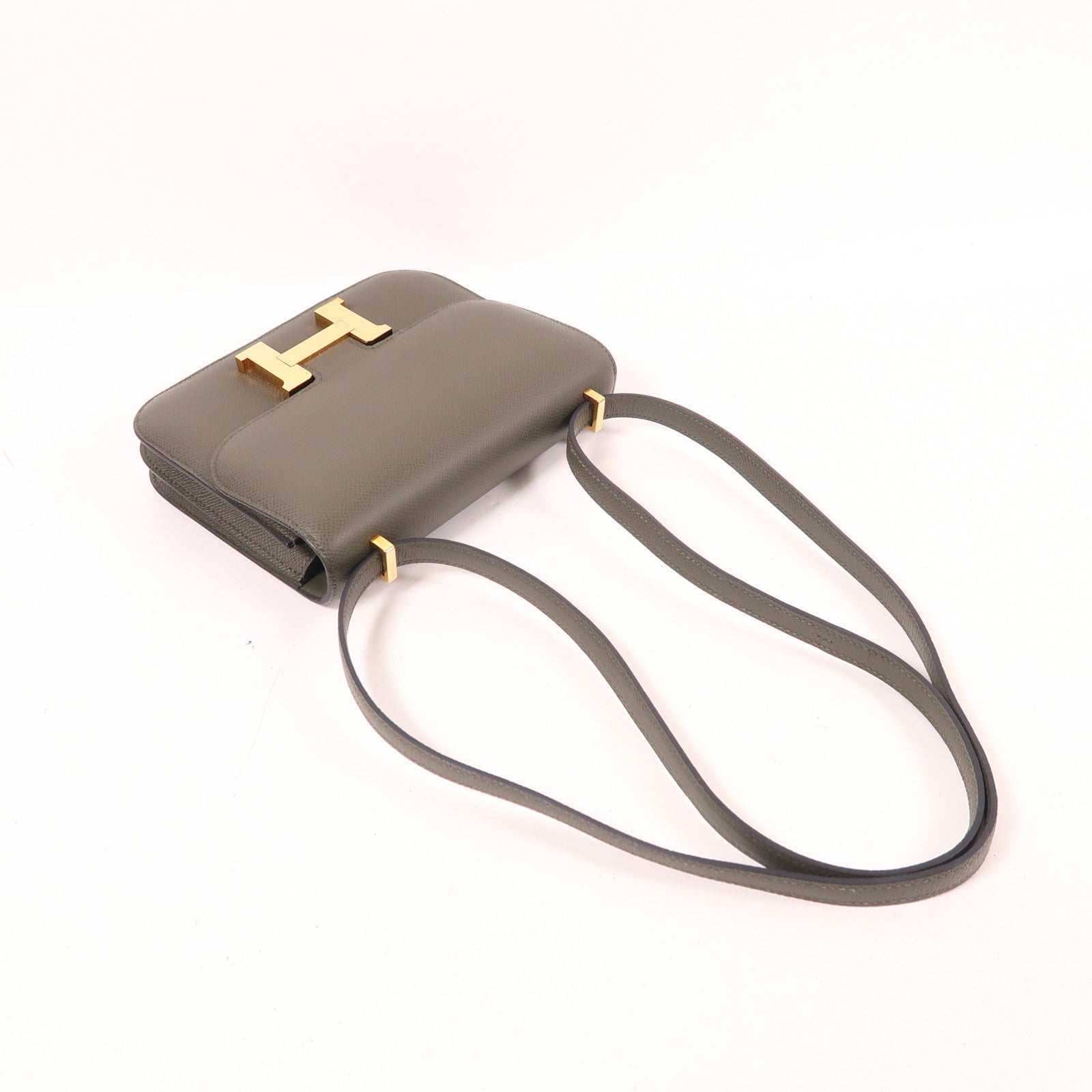 HERMES Epsom皮革Mini Constance金扣肩背袋Vert De Gris