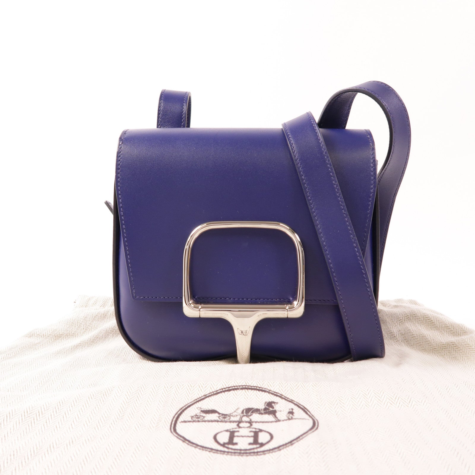 HERMES 【激減優惠】Tadelakt皮革Della Cavalleria Mini銀扣肩背袋Bleu Saphir