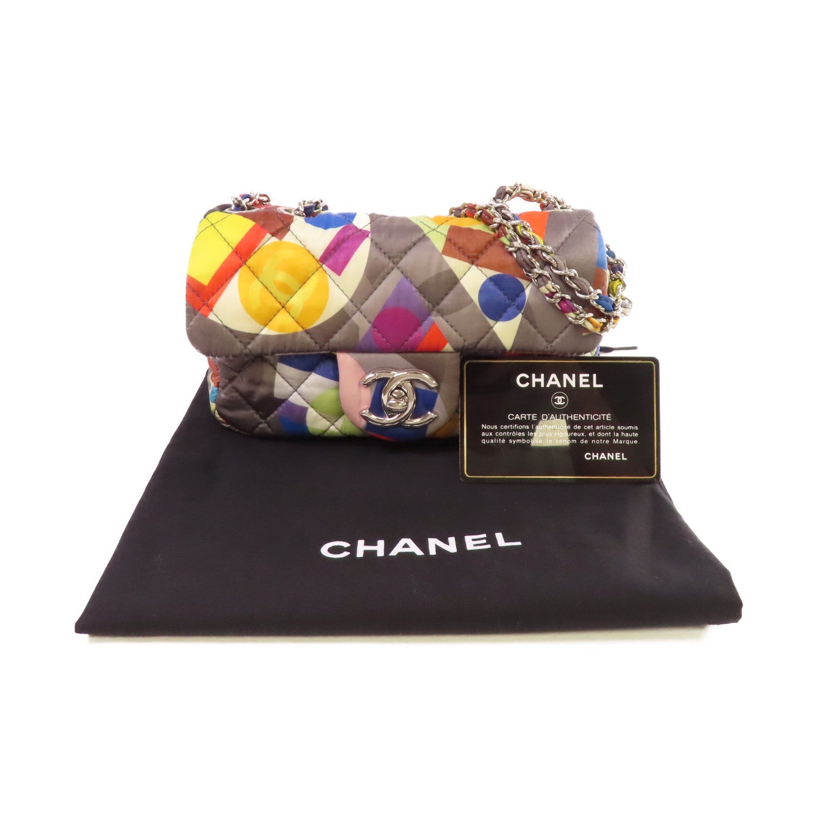 CHANEL 菱格絲質Chain Shoulder Bag銀扣鏈帶肩背袋灰色/彩色