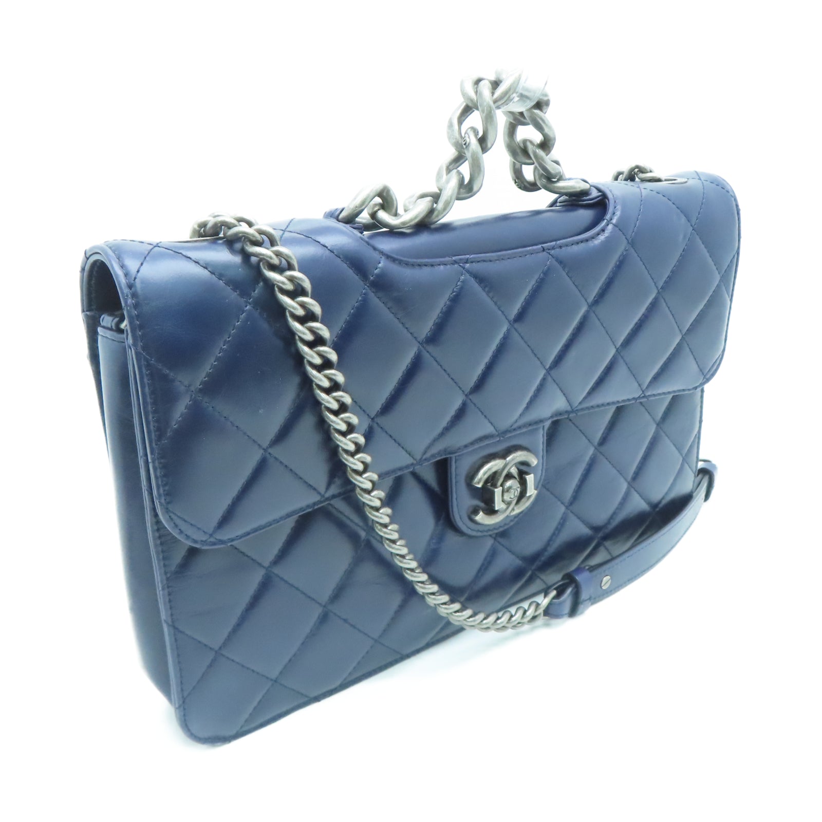 CHANEL 【激減優惠】菱格牛皮皮革Chain Shoulder金扣鏈帶肩背袋藍色