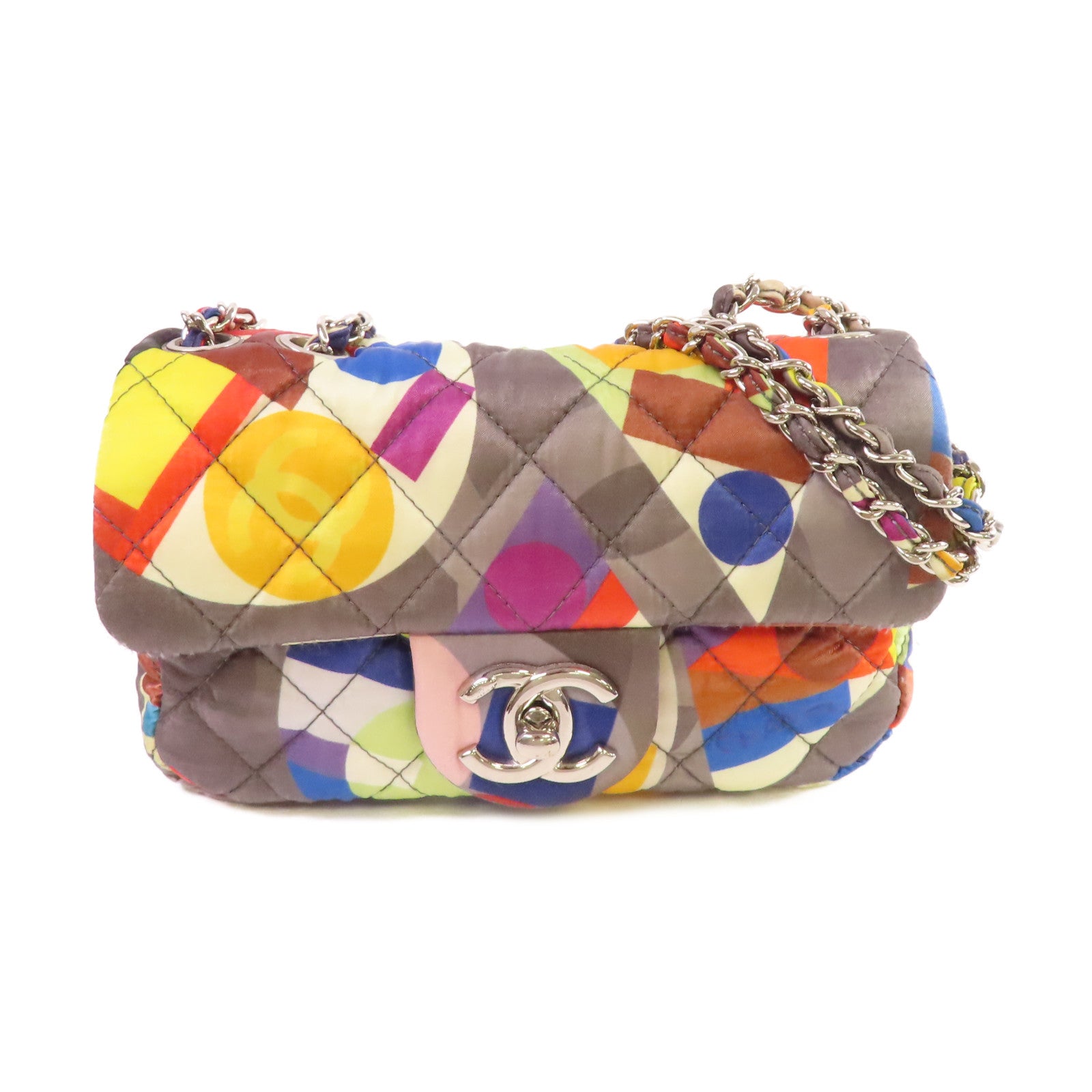 CHANEL 菱格絲質Chain Shoulder Bag銀扣鏈帶肩背袋灰色/彩色