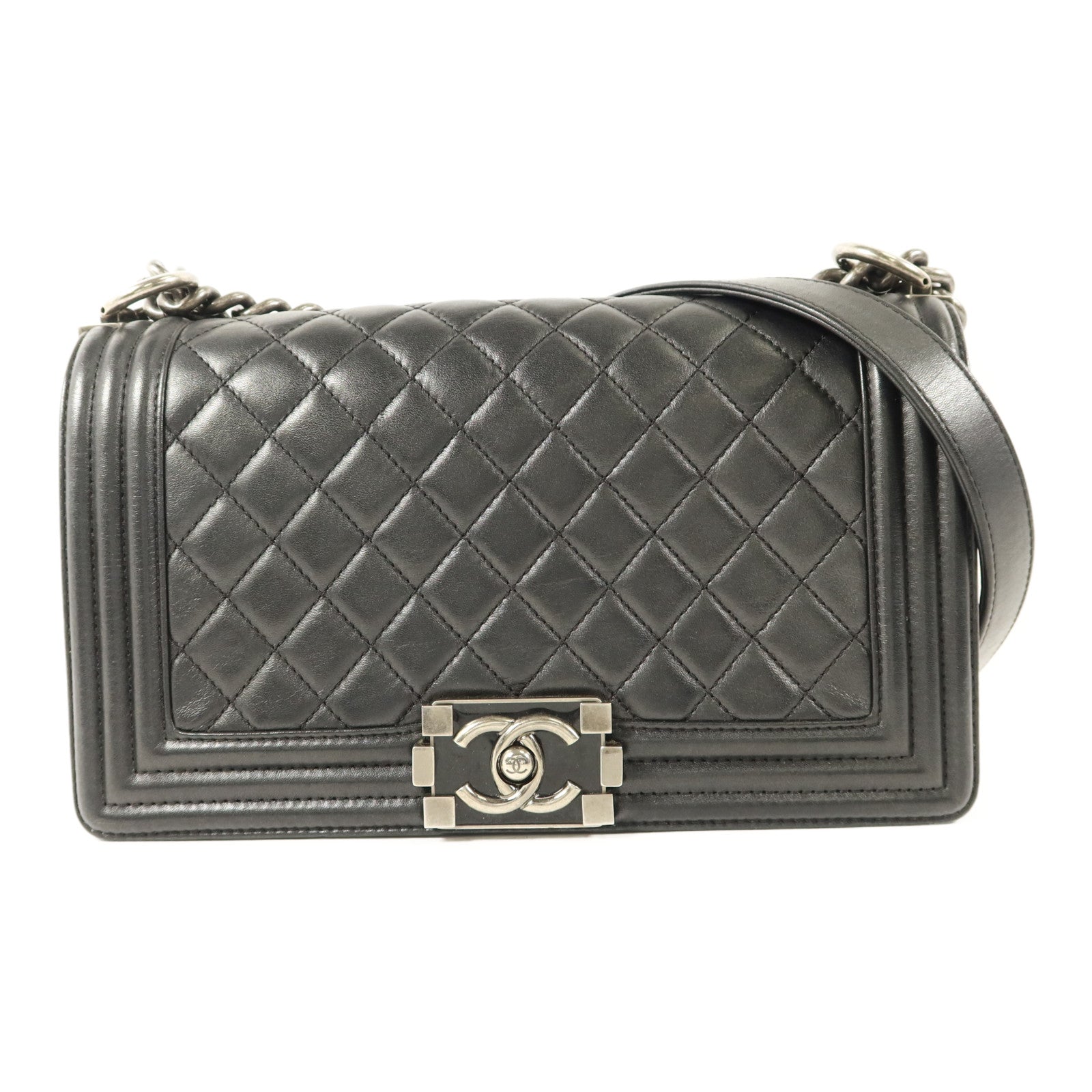 CHANEL 羊皮皮革Boy 25銀扣鏈帶肩背袋