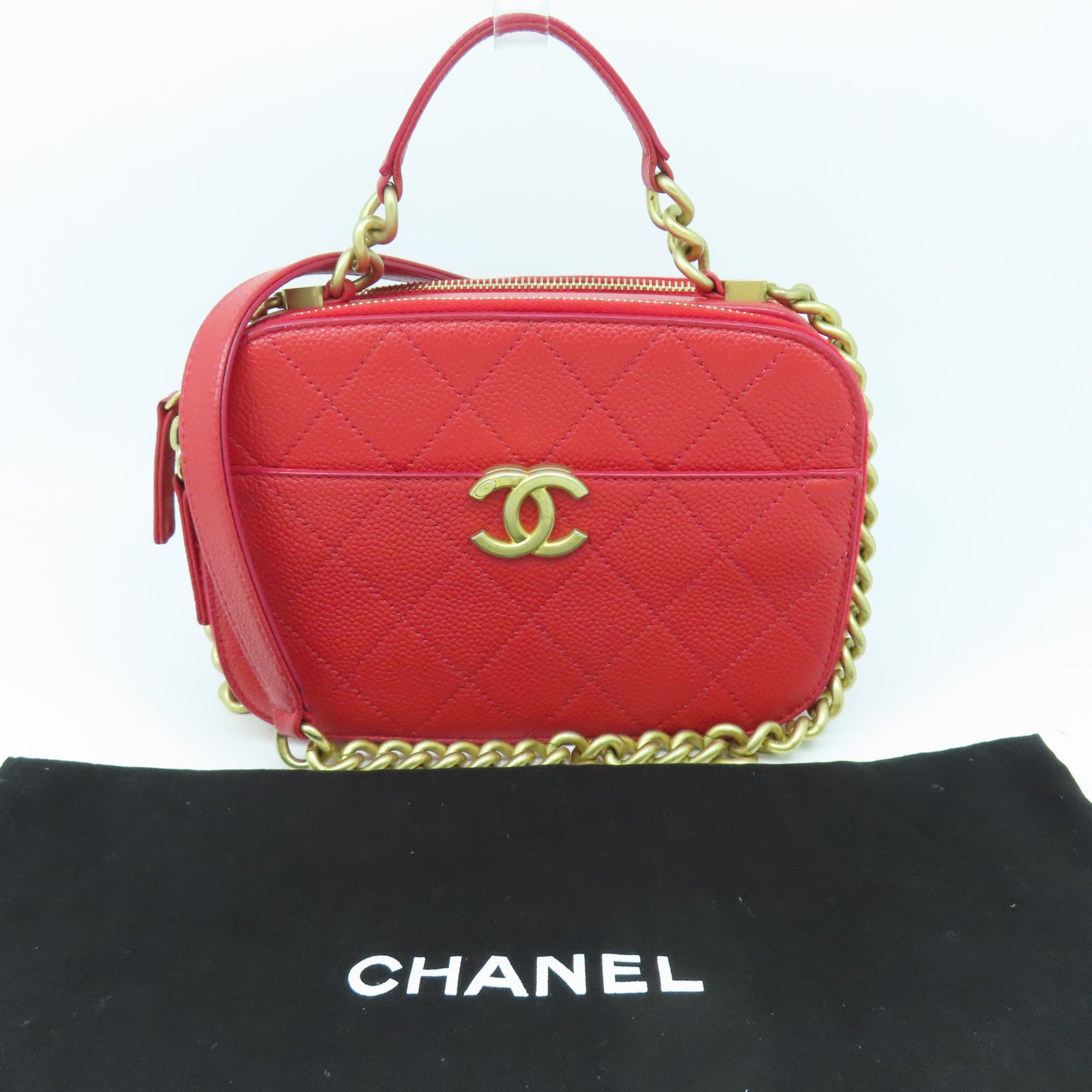 CHANEL 【激減優惠】菱格Caviar皮革Chain Shoulder金扣鏈帶肩背袋紅色