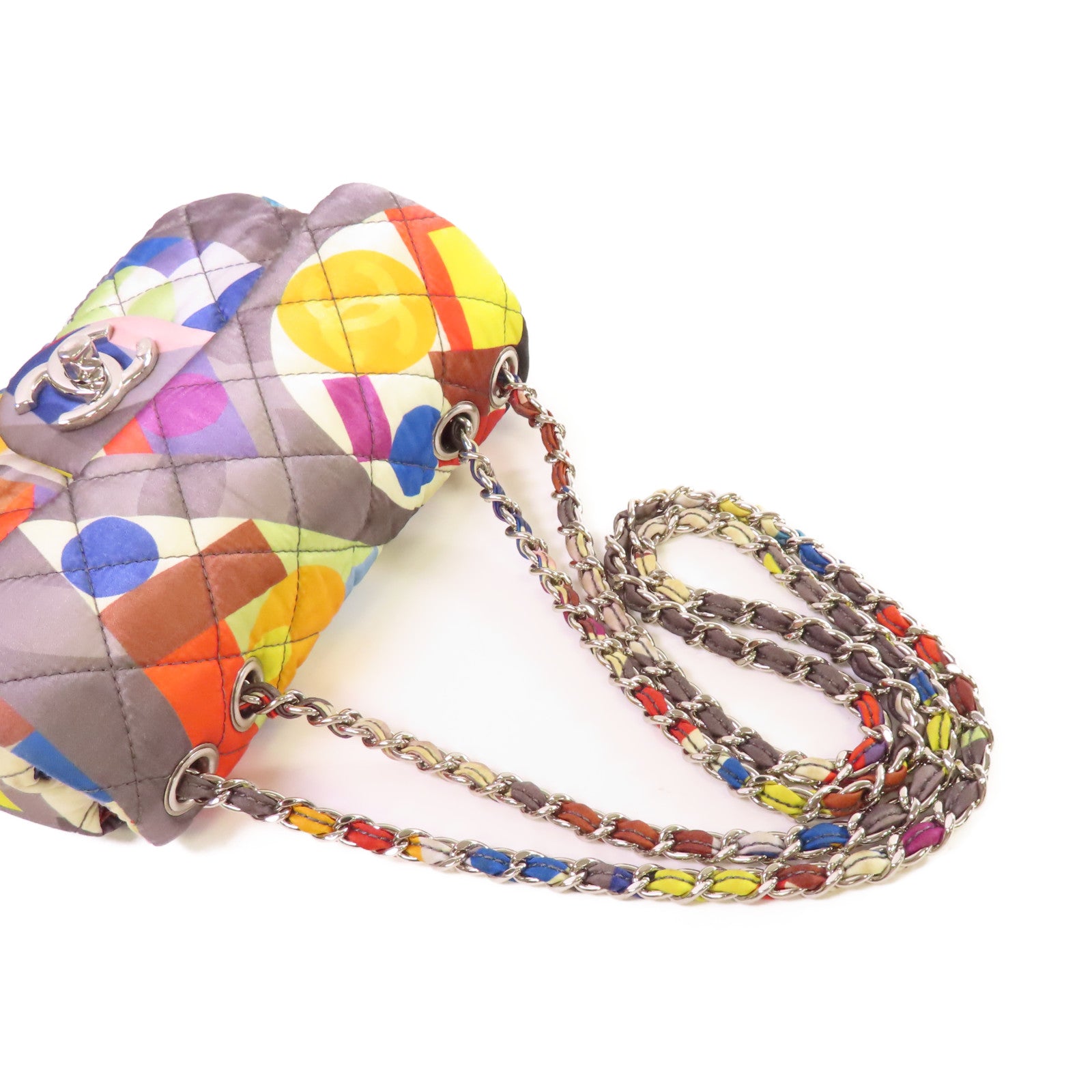 CHANEL 菱格絲質Chain Shoulder Bag銀扣鏈帶肩背袋灰色/彩色