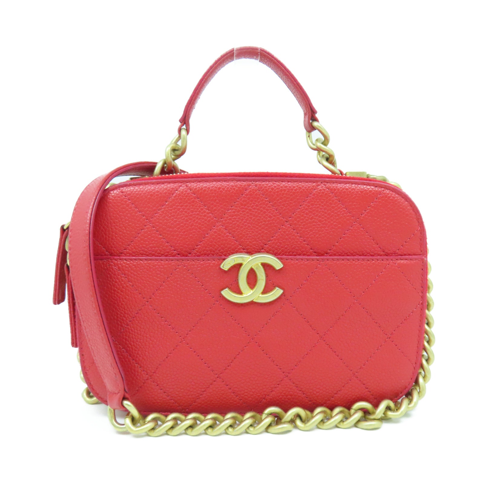 CHANEL 【激減優惠】菱格Caviar皮革Chain Shoulder金扣鏈帶肩背袋紅色