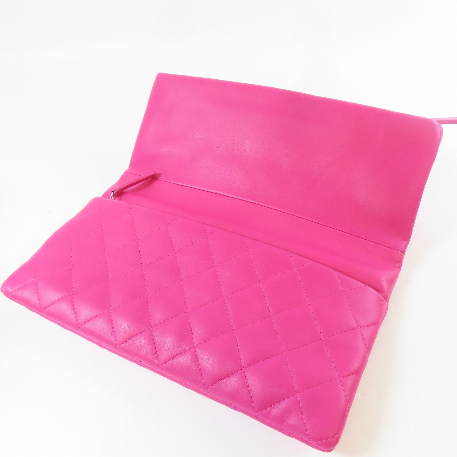 CHANEL 【激減優惠】菱格羊皮皮革Clutch Bag銀扣手拿包桃紅色