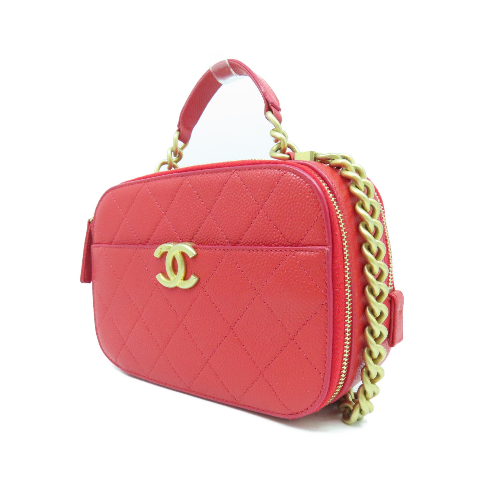 CHANEL 【激減優惠】菱格Caviar皮革Chain Shoulder金扣鏈帶肩背袋紅色