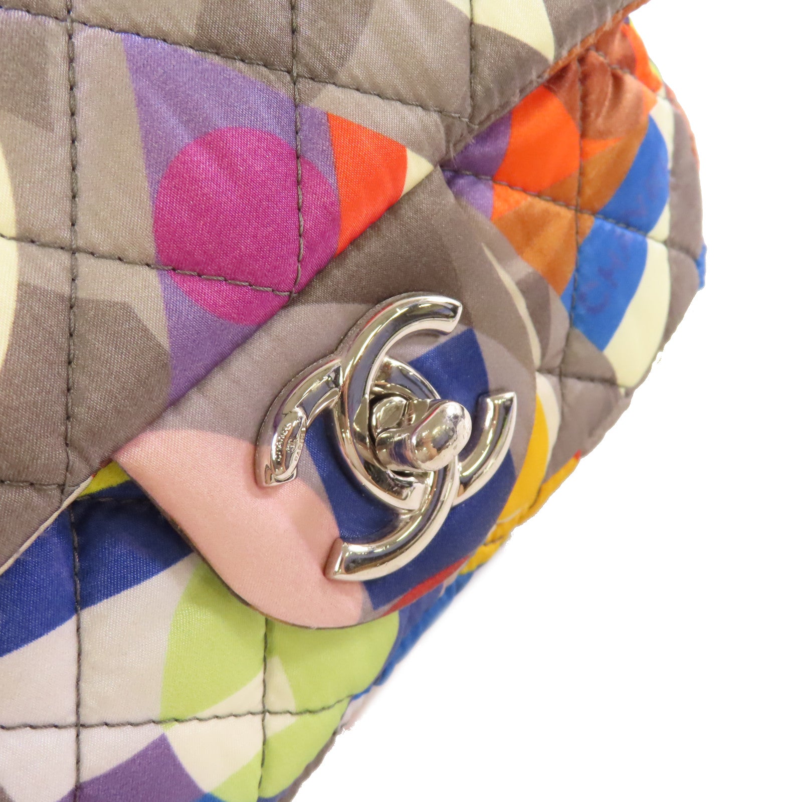 CHANEL 菱格絲質Chain Shoulder Bag銀扣鏈帶肩背袋灰色/彩色