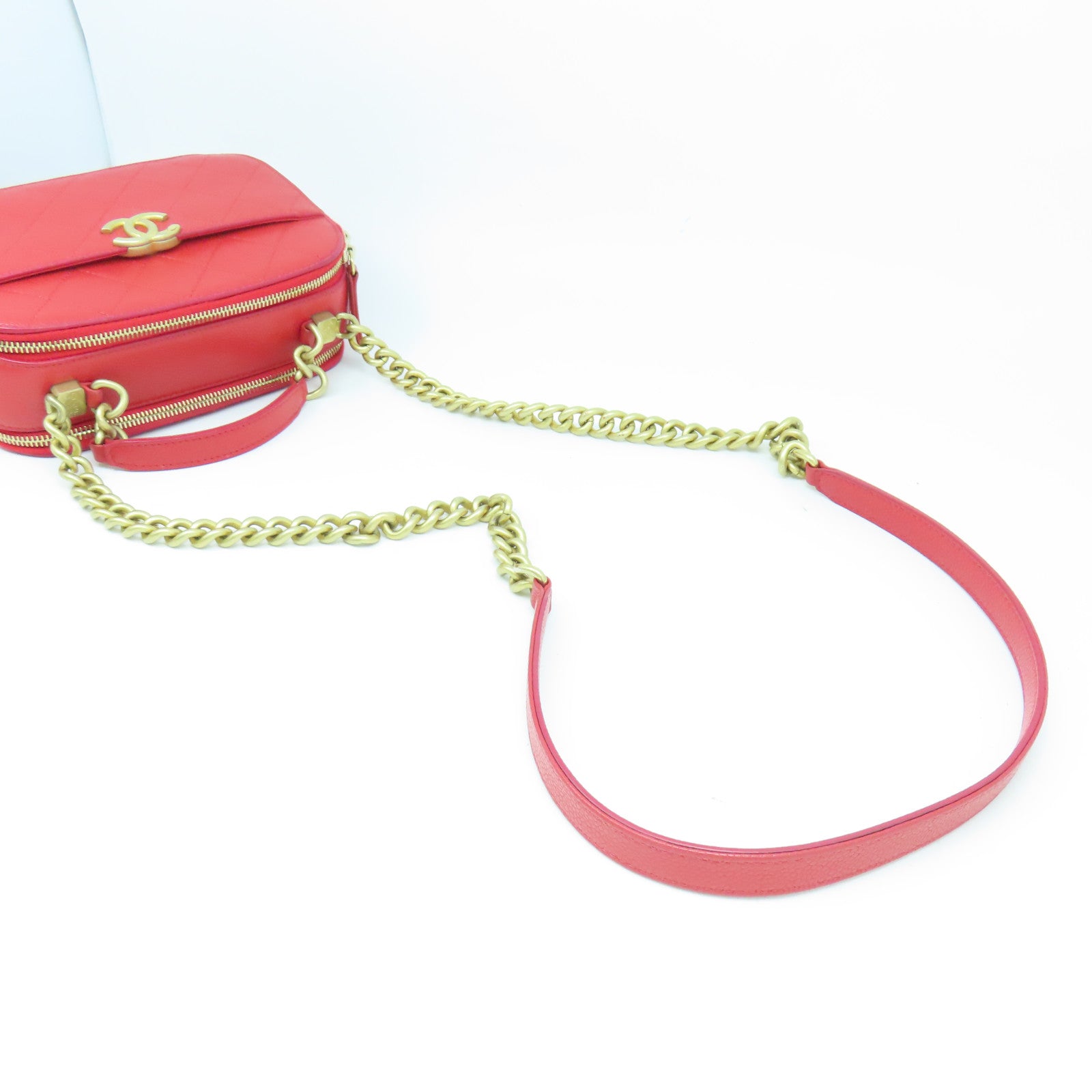 CHANEL 【激減優惠】菱格Caviar皮革Chain Shoulder金扣鏈帶肩背袋紅色