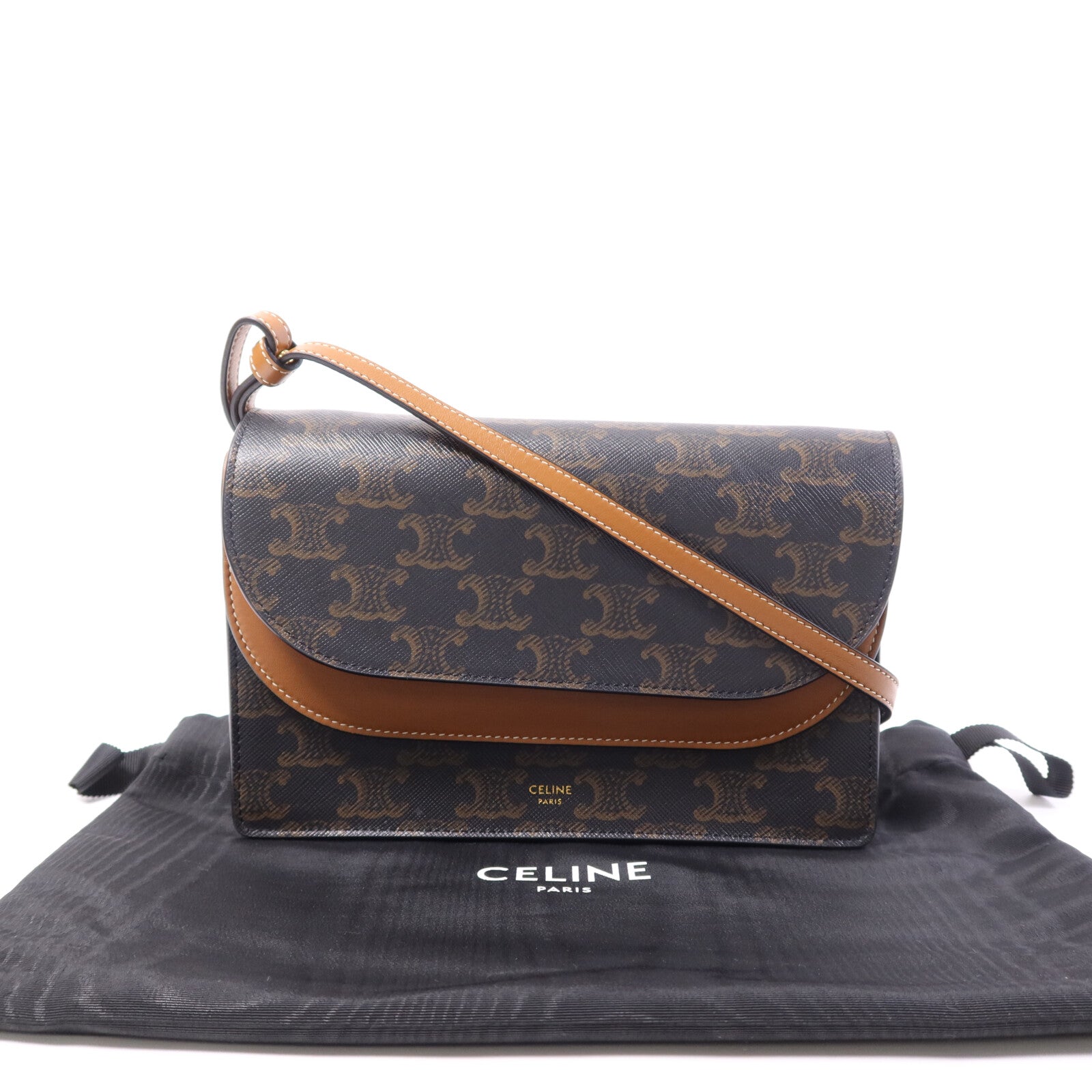 CELINE 塗層帆布/牛皮皮革Triomphe Wallet On Strap金扣肩背袋