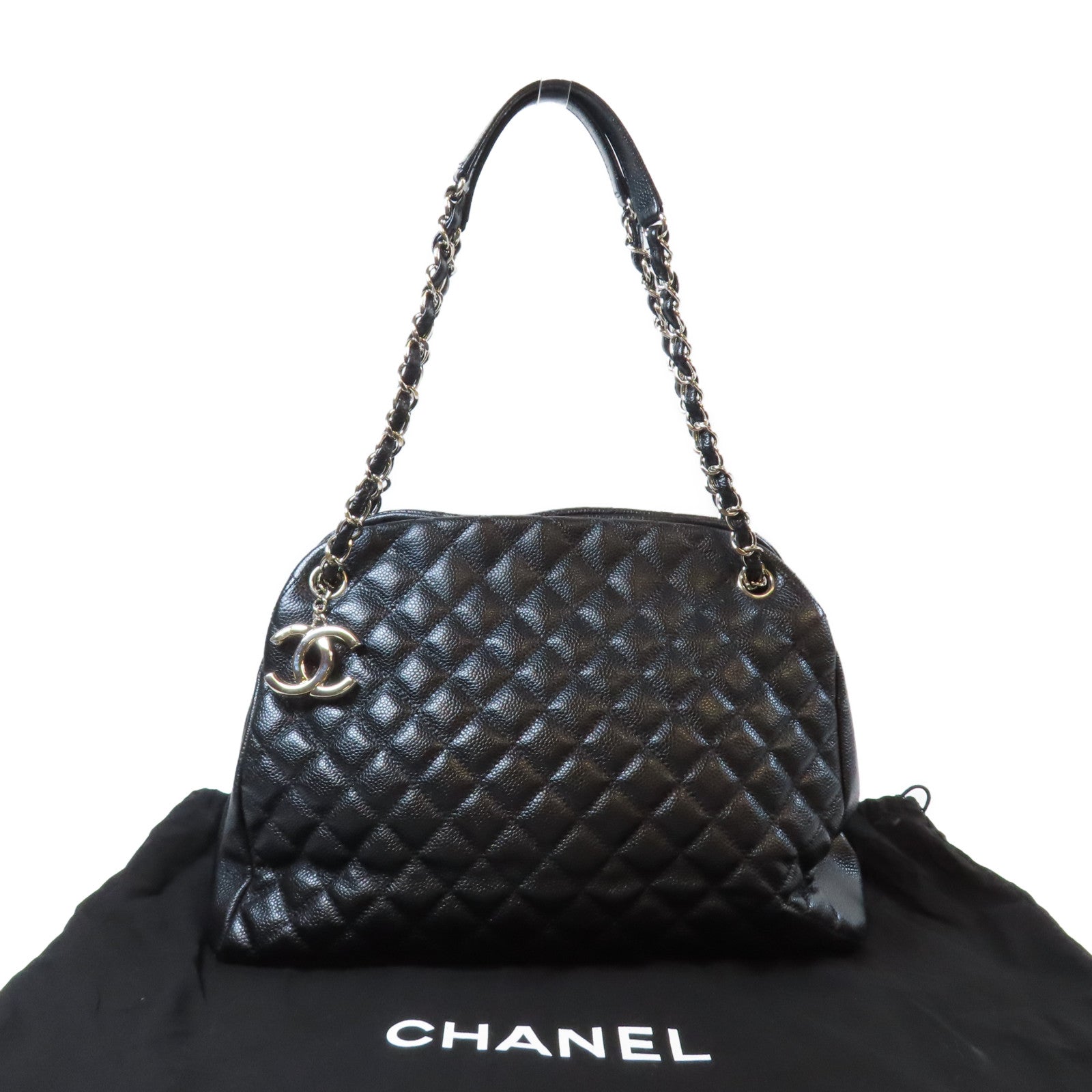 CHANEL 菱格牛皮皮革Chain Shoulder Bag銀扣鏈帶肩背袋黑色