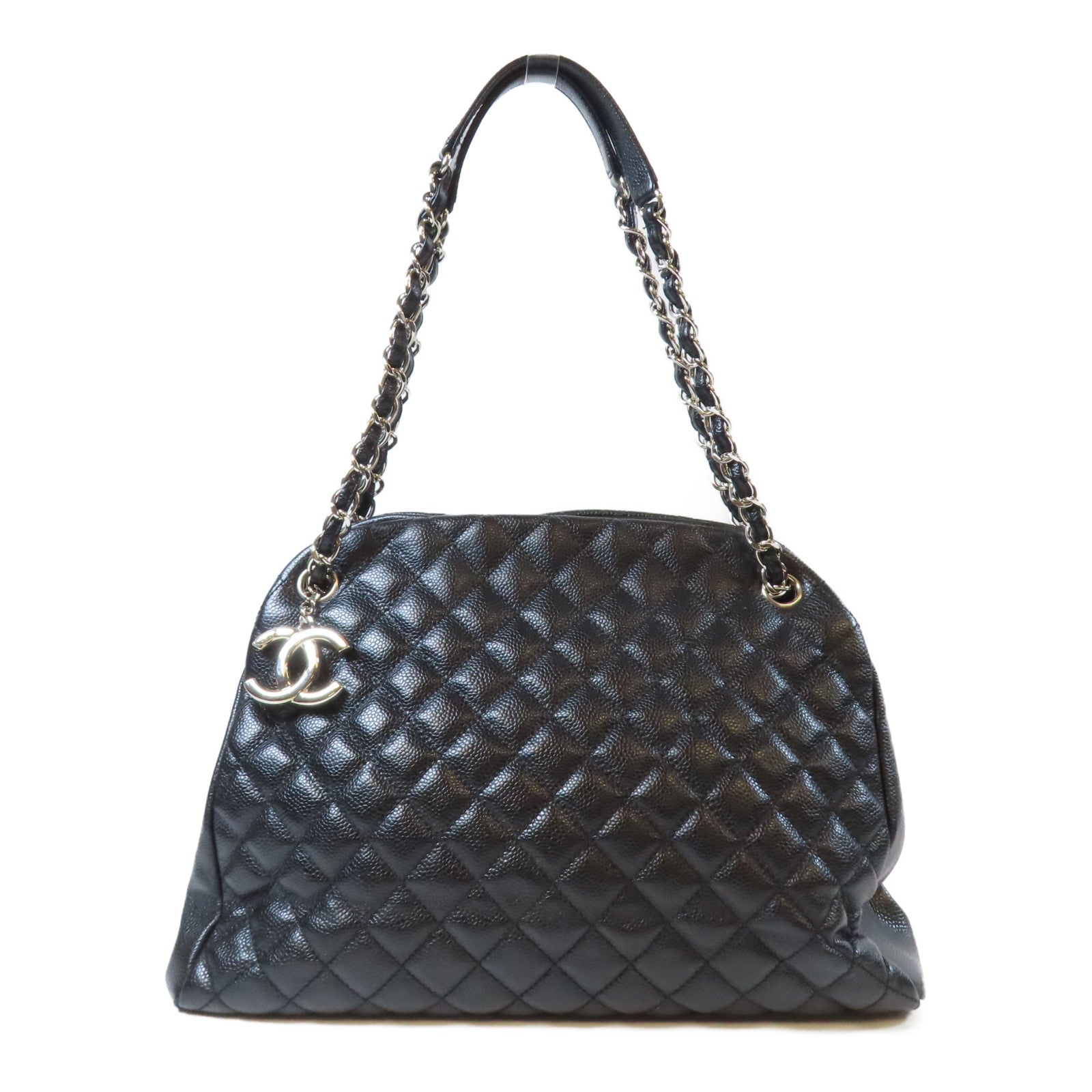 CHANEL 菱格牛皮皮革Chain Shoulder Bag銀扣鏈帶肩背袋黑色