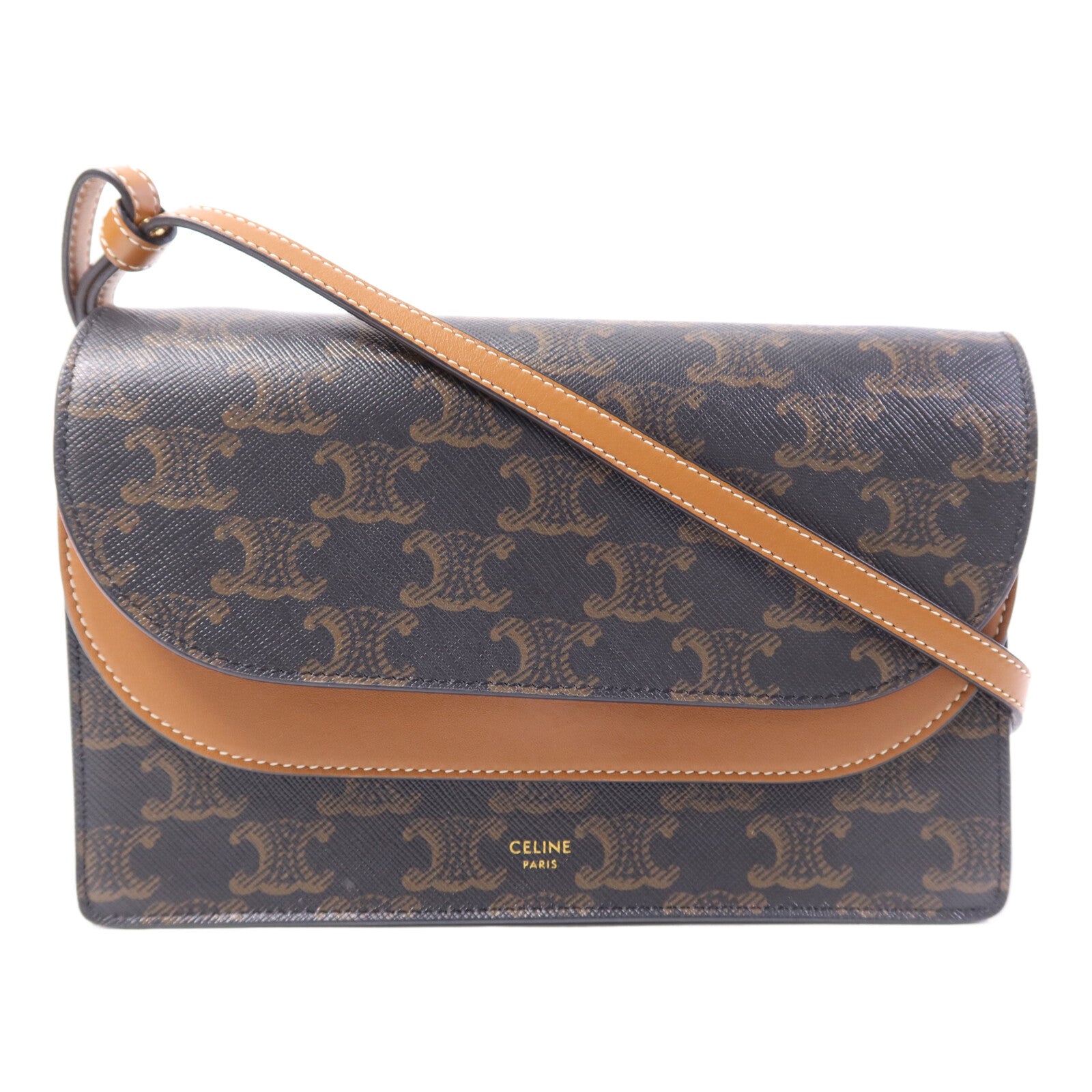 CELINE 塗層帆布/牛皮皮革Triomphe Wallet On Strap金扣肩背袋