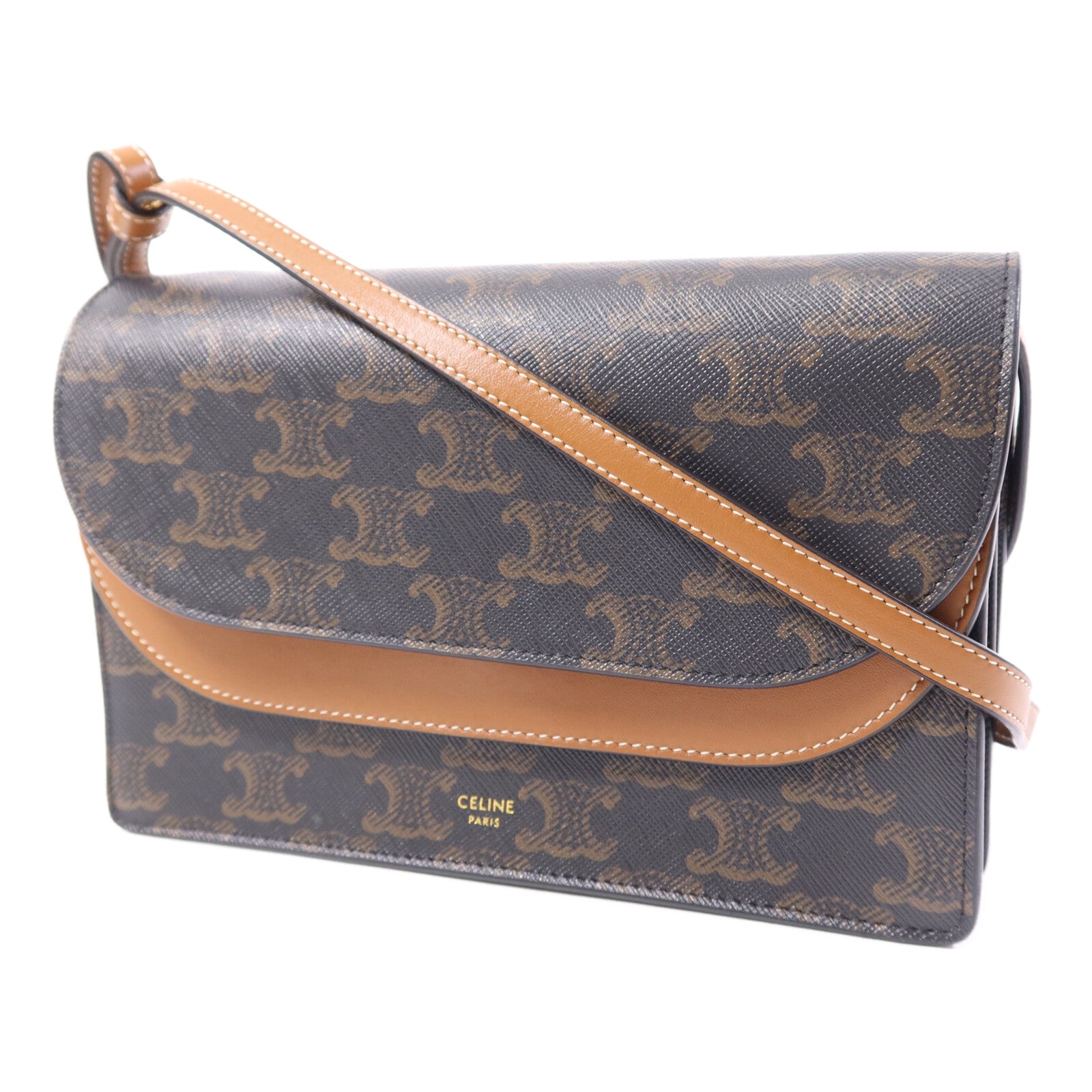 CELINE 塗層帆布/牛皮皮革Triomphe Wallet On Strap金扣肩背袋