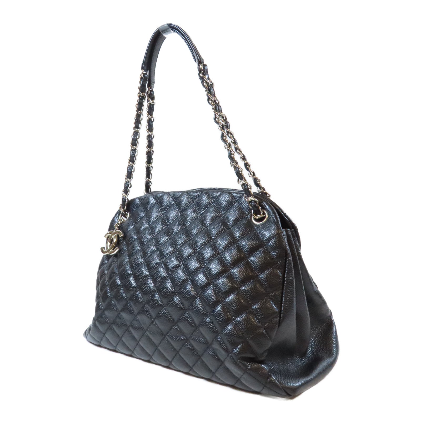 CHANEL 菱格牛皮皮革Chain Shoulder Bag銀扣鏈帶肩背袋黑色