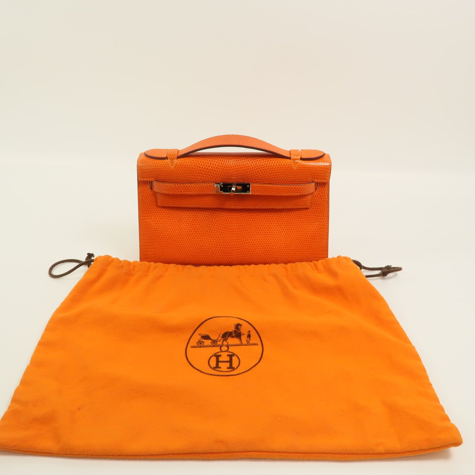 HERMES Lizard皮革Kelly Pochette手挽袋Feu Orange