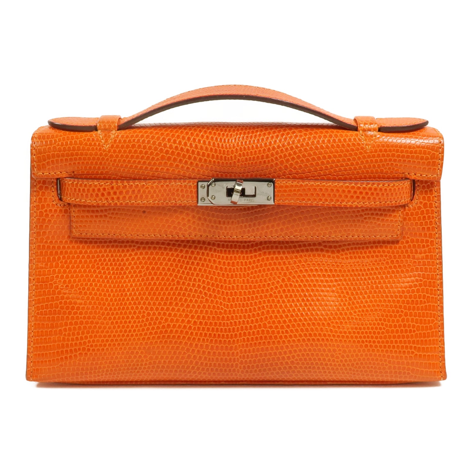 HERMES Lizard皮革Kelly Pochette手挽袋Feu Orange