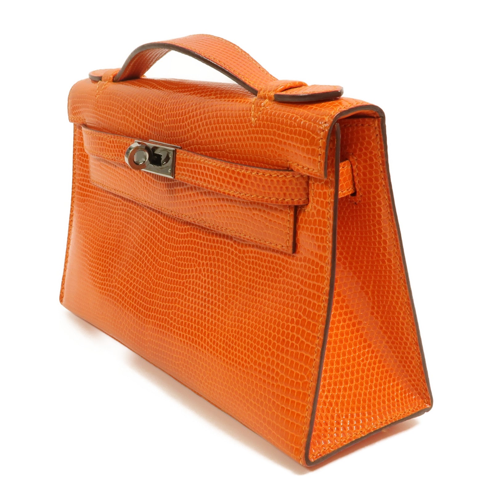 HERMES Lizard皮革Kelly Pochette手挽袋Feu Orange