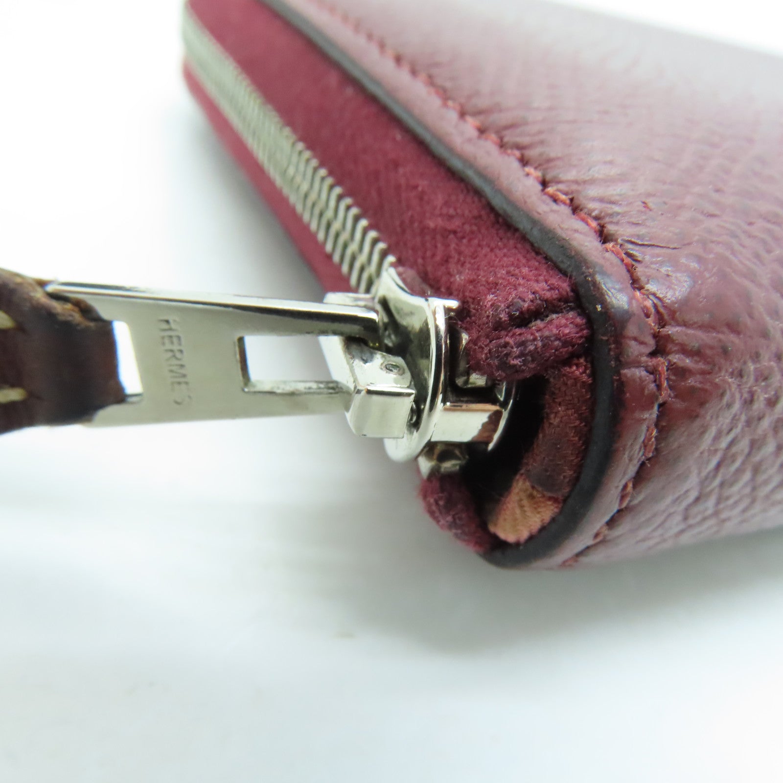 HERMES Epsom leather Silk in compact silver buckle coin purse maroon