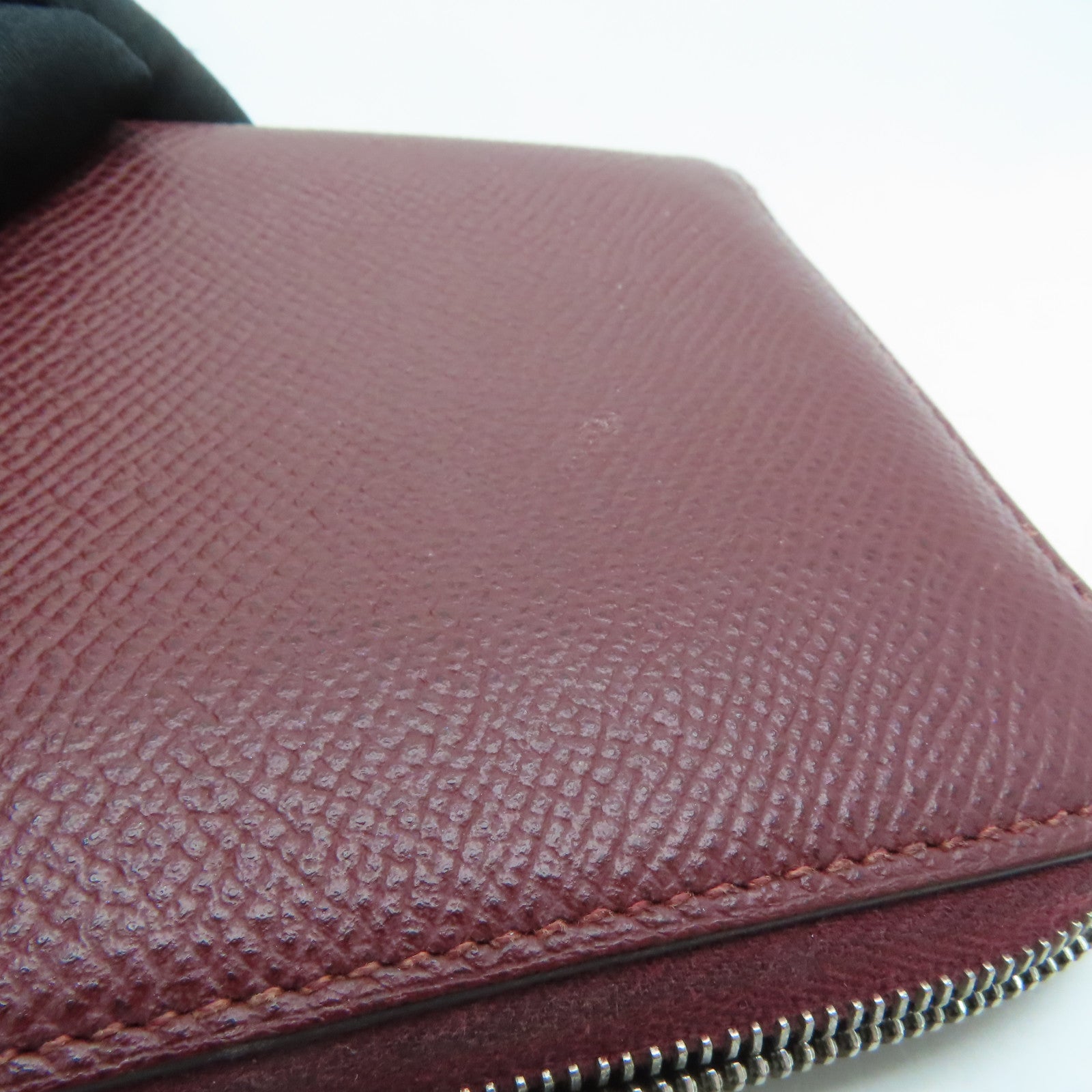 HERMES Epsom leather Silk in compact silver buckle coin purse maroon