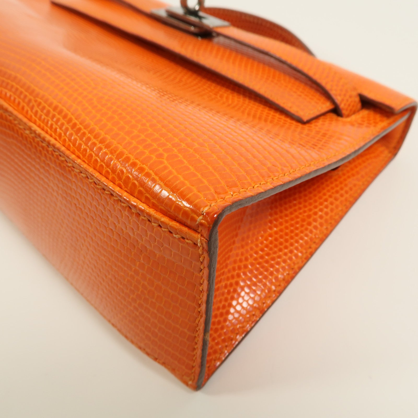 HERMES Lizard皮革Kelly Pochette手挽袋Feu Orange