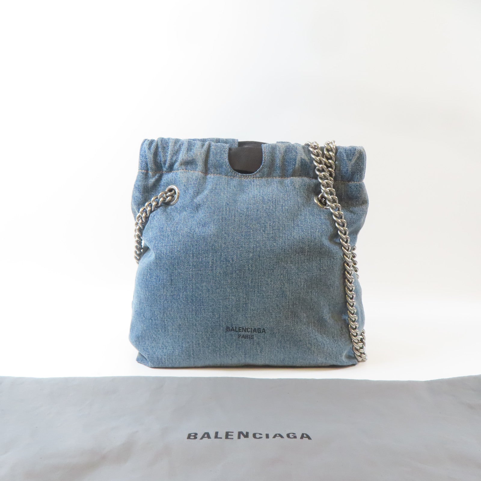 BALENCIAGA 牛仔布Crush Small Tote Bag銀扣鏈帶肩背袋藍色