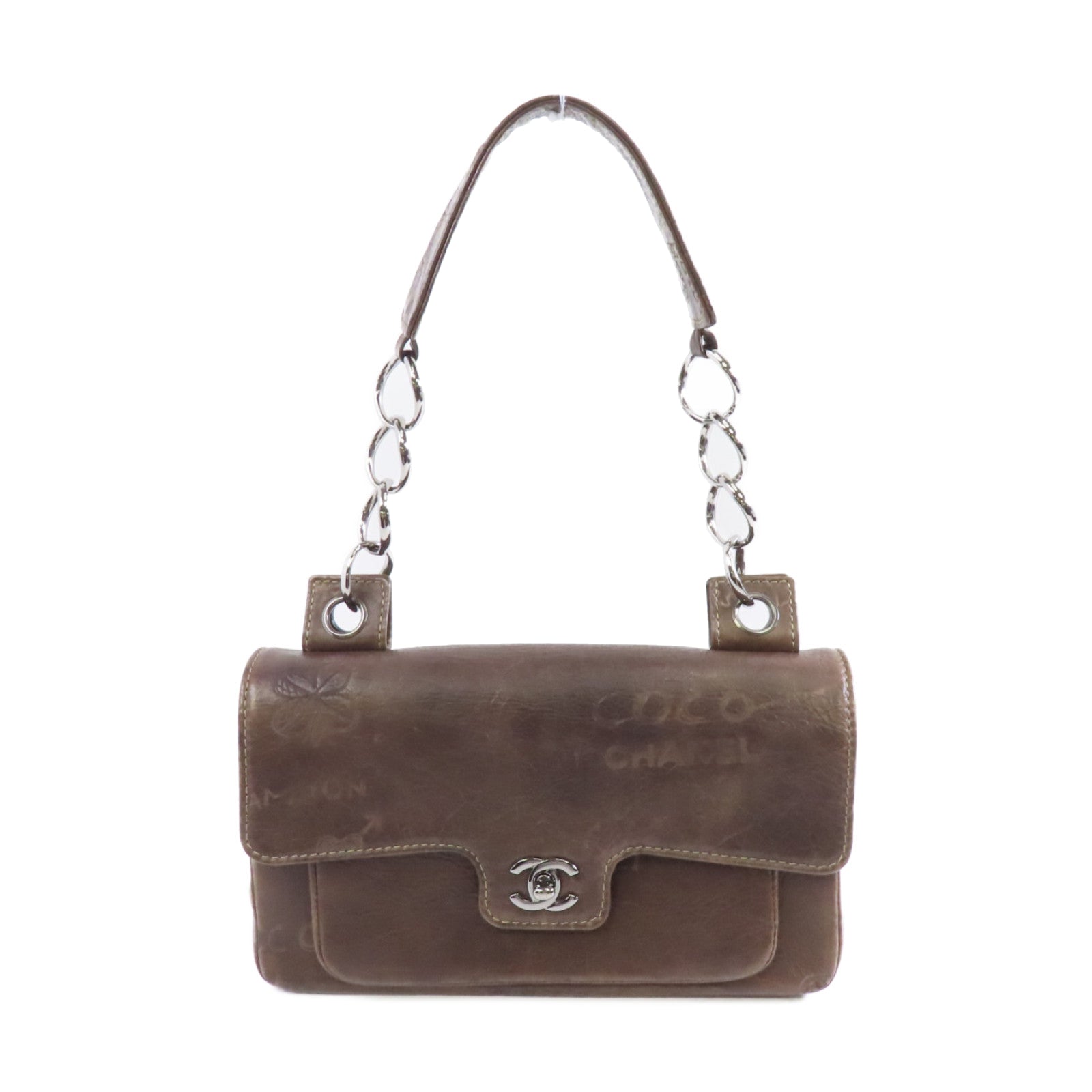 CHANEL 【激減優惠】牛皮皮革Chain Shoulder銀扣鏈帶肩背袋啡色